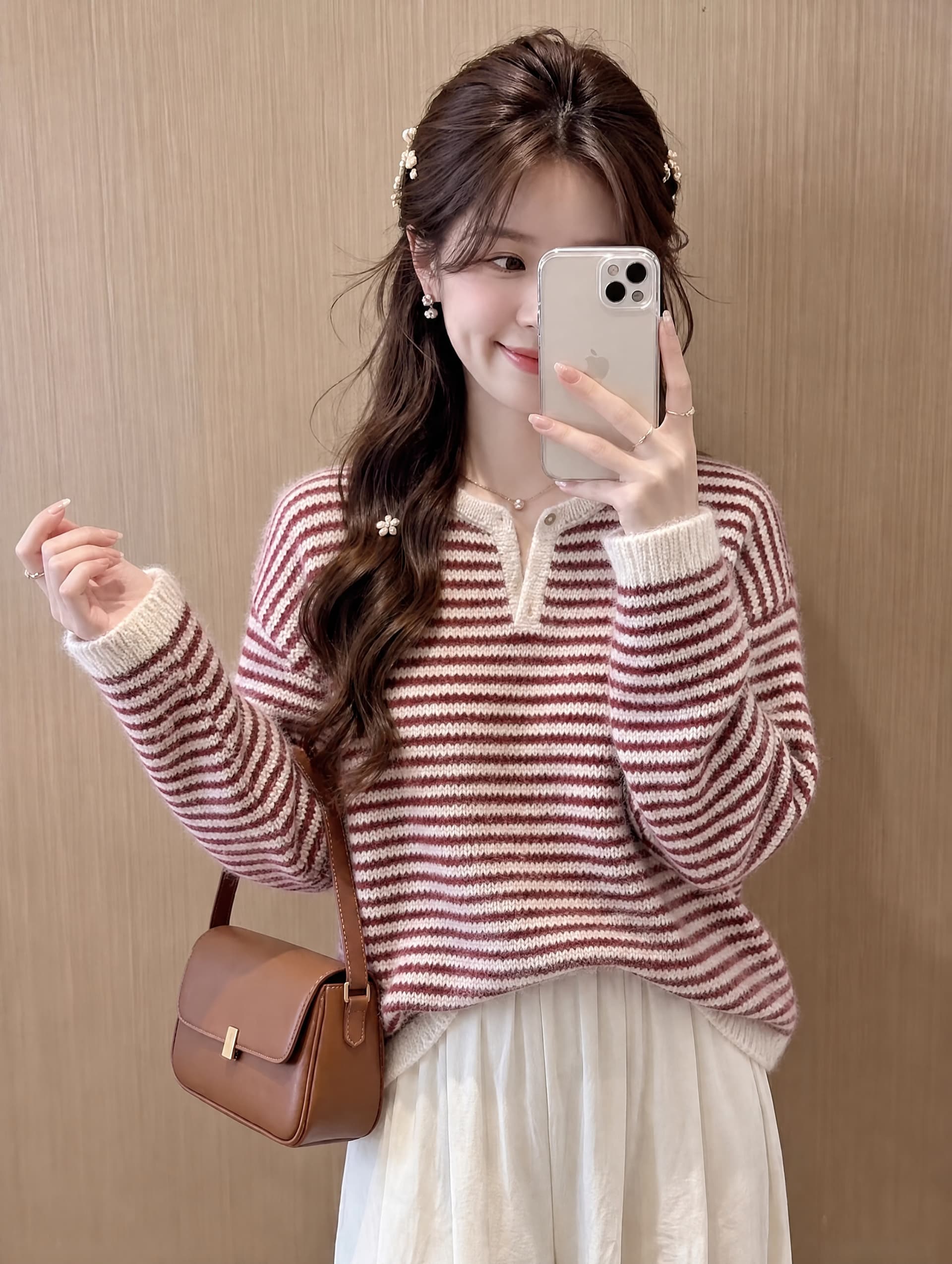 한 부서 루즈핏 느긋한 바람 반 개방 칼라 세 버클 스트라이프 풀오버 가을 겨울 새로운 캐주얼 다용도 맨위 여성 상세 이미지 4