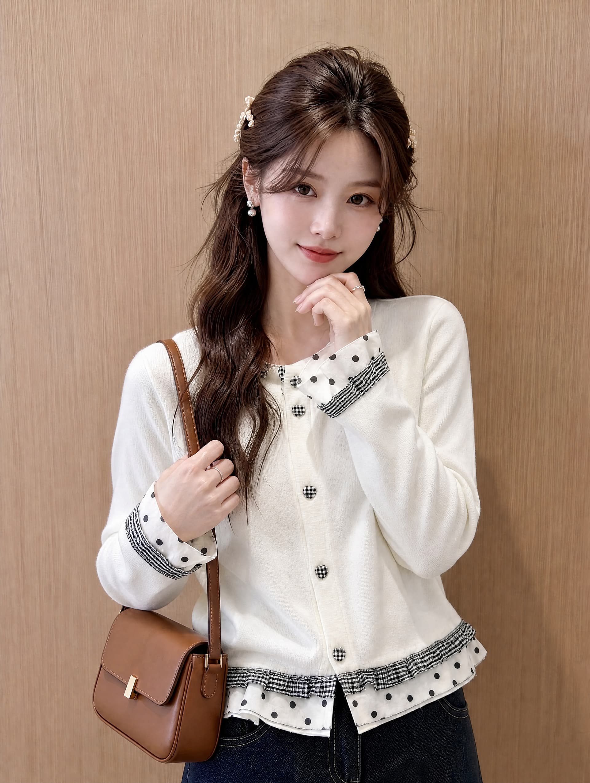 화이트 레이스 도트 무늬 프릴 스웨터 여성 코트 가을 겨울철 디자인 센스 긴팔 니트 오픈 가디건 한 첨부 된 의류 상세 이미지 2