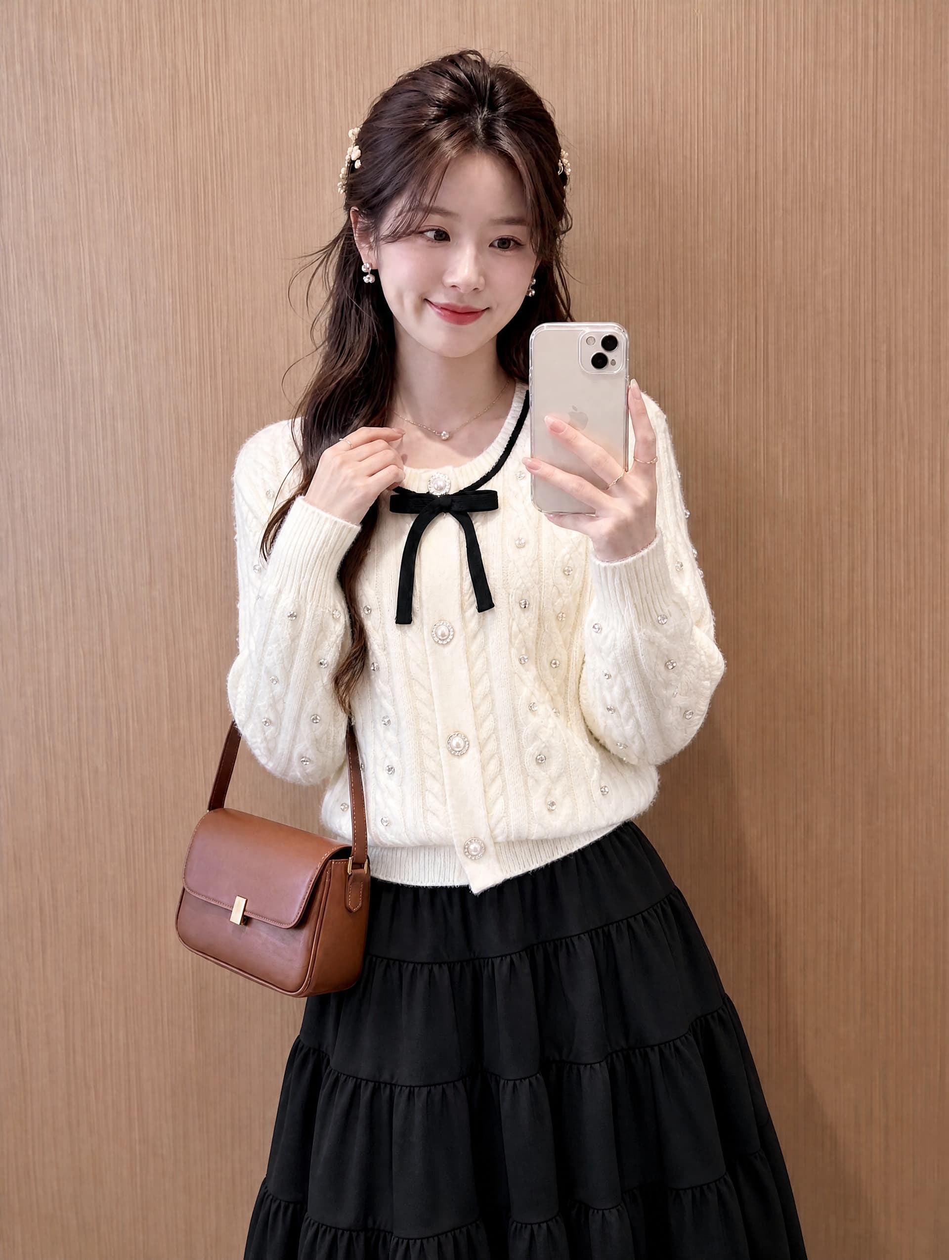 작은 샤넬 스타일 나비 매듭 꽈배기 니트 오픈 가디건 맨위 여성 디자인 센스 화이트 달콤함 품격 스웨터 코트 봄 이미지 4