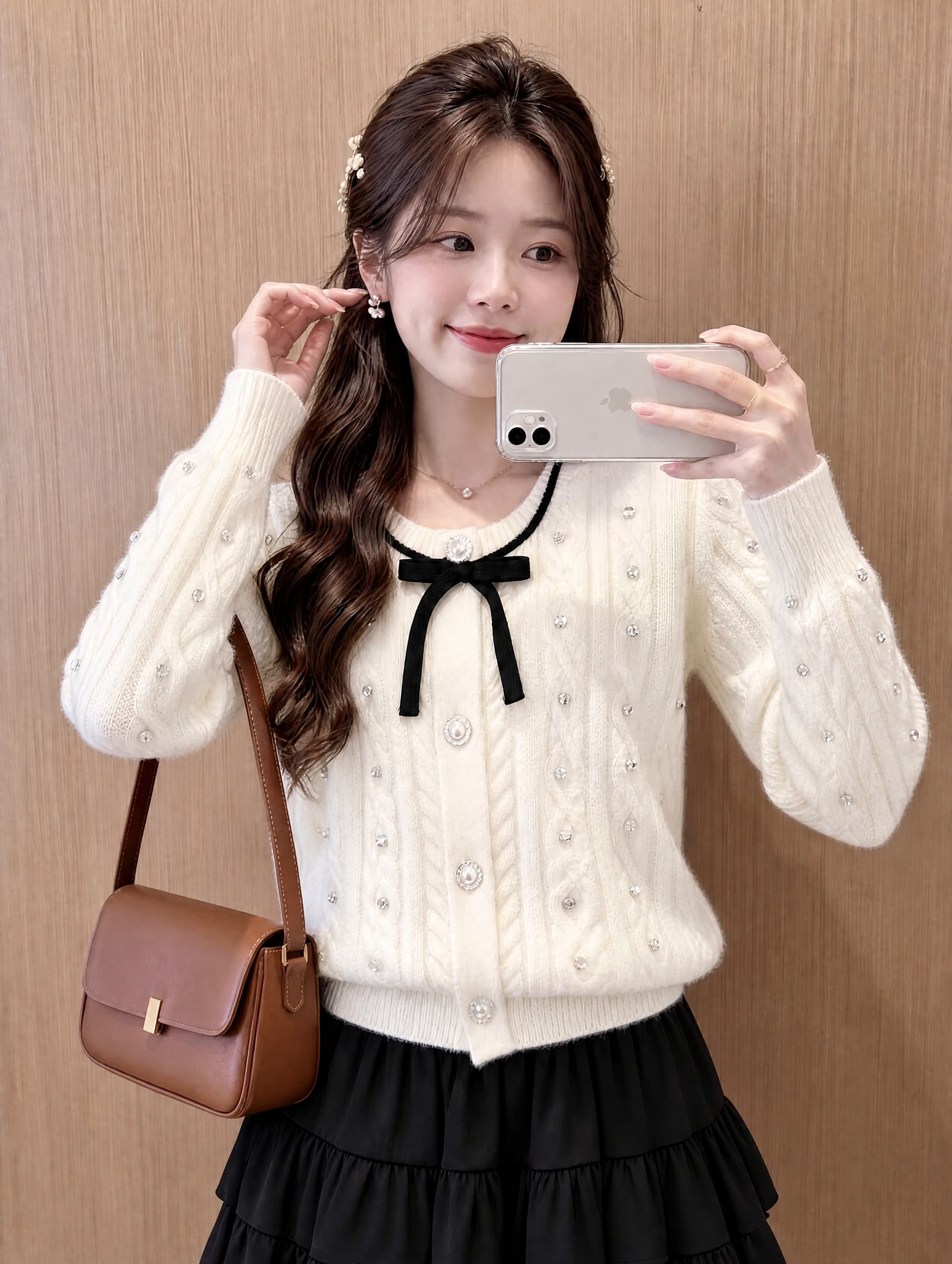 작은 샤넬 스타일 나비 매듭 꽈배기 니트 오픈 가디건 맨위 여성 디자인 센스 화이트 달콤함 품격 스웨터 코트 봄 상세 이미지 3
