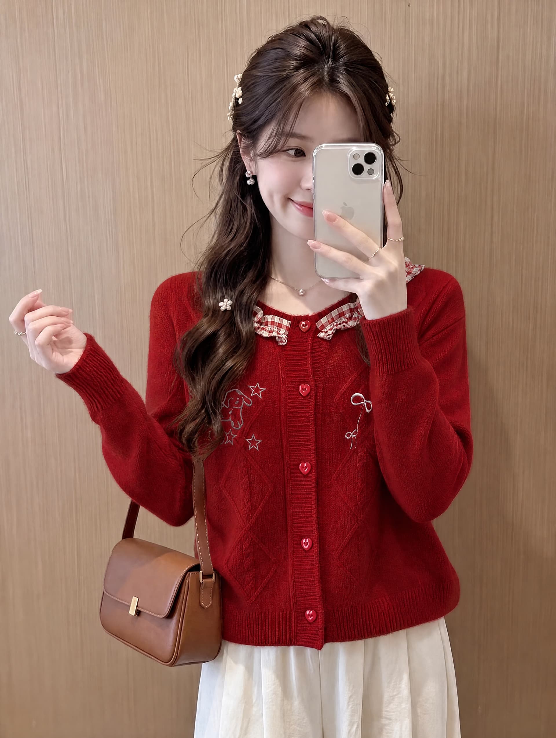 한 부서 달콤함 자수 나비 매듭 스웨터 오픈 가디건 여성 가을 겨울 신년 분위기 센스 작은 키 빨간색 니트 재킷