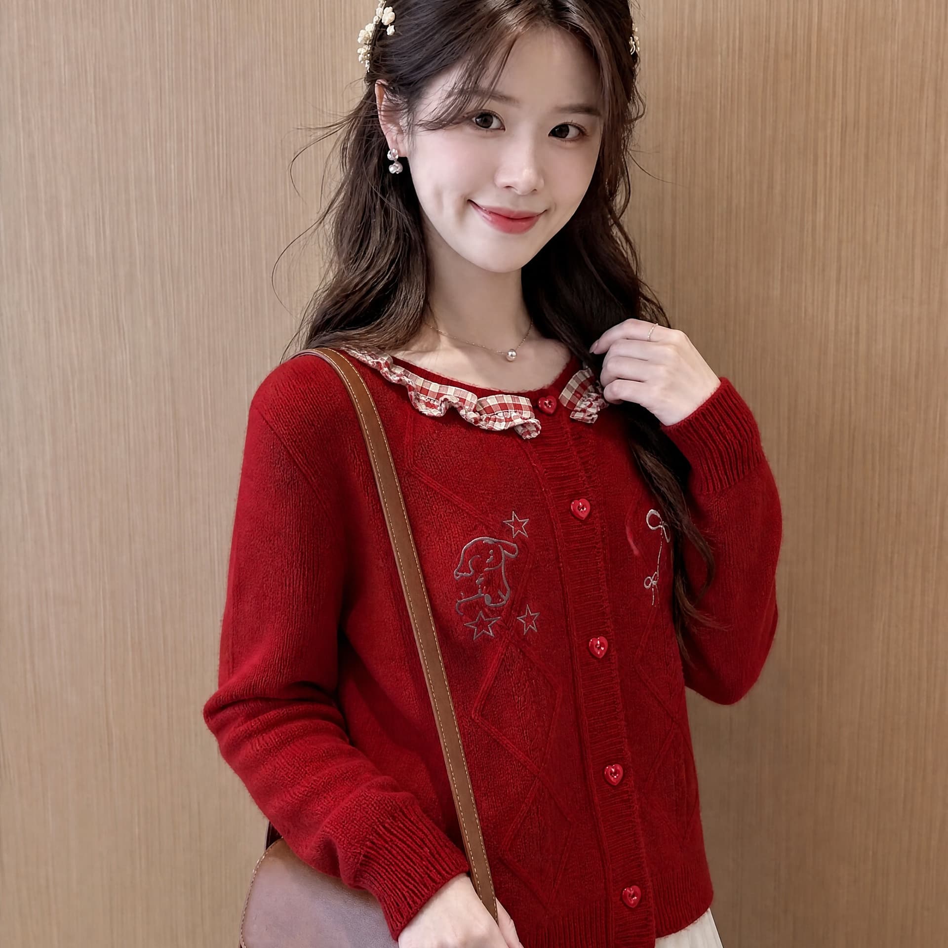 한 부서 달콤함 자수 나비 매듭 스웨터 오픈 가디건 여성 가을 겨울 신년 분위기 센스 작은 키 빨간색 니트 재킷 이미지 5