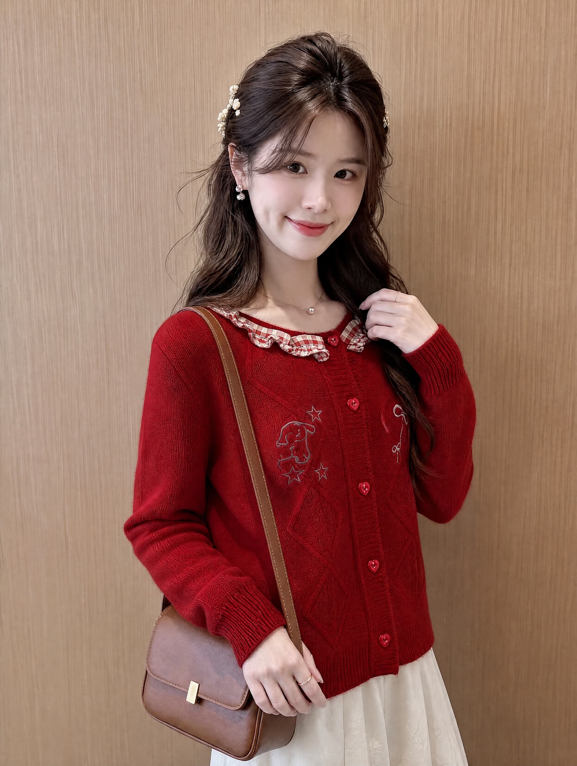 한 부서 달콤함 자수 나비 매듭 스웨터 오픈 가디건 여성 가을 겨울 신년 분위기 센스 작은 키 빨간색 니트 재킷 상세 이미지 1