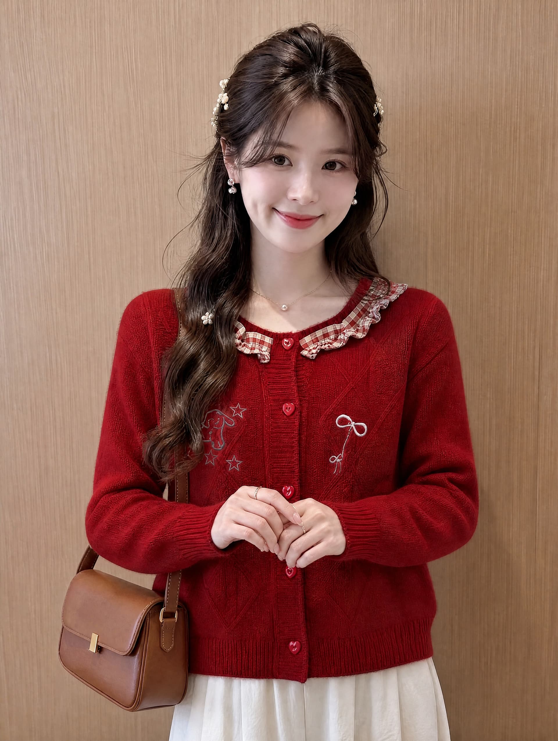 한 부서 달콤함 자수 나비 매듭 스웨터 오픈 가디건 여성 가을 겨울 신년 분위기 센스 작은 키 빨간색 니트 재킷 상세 이미지 3