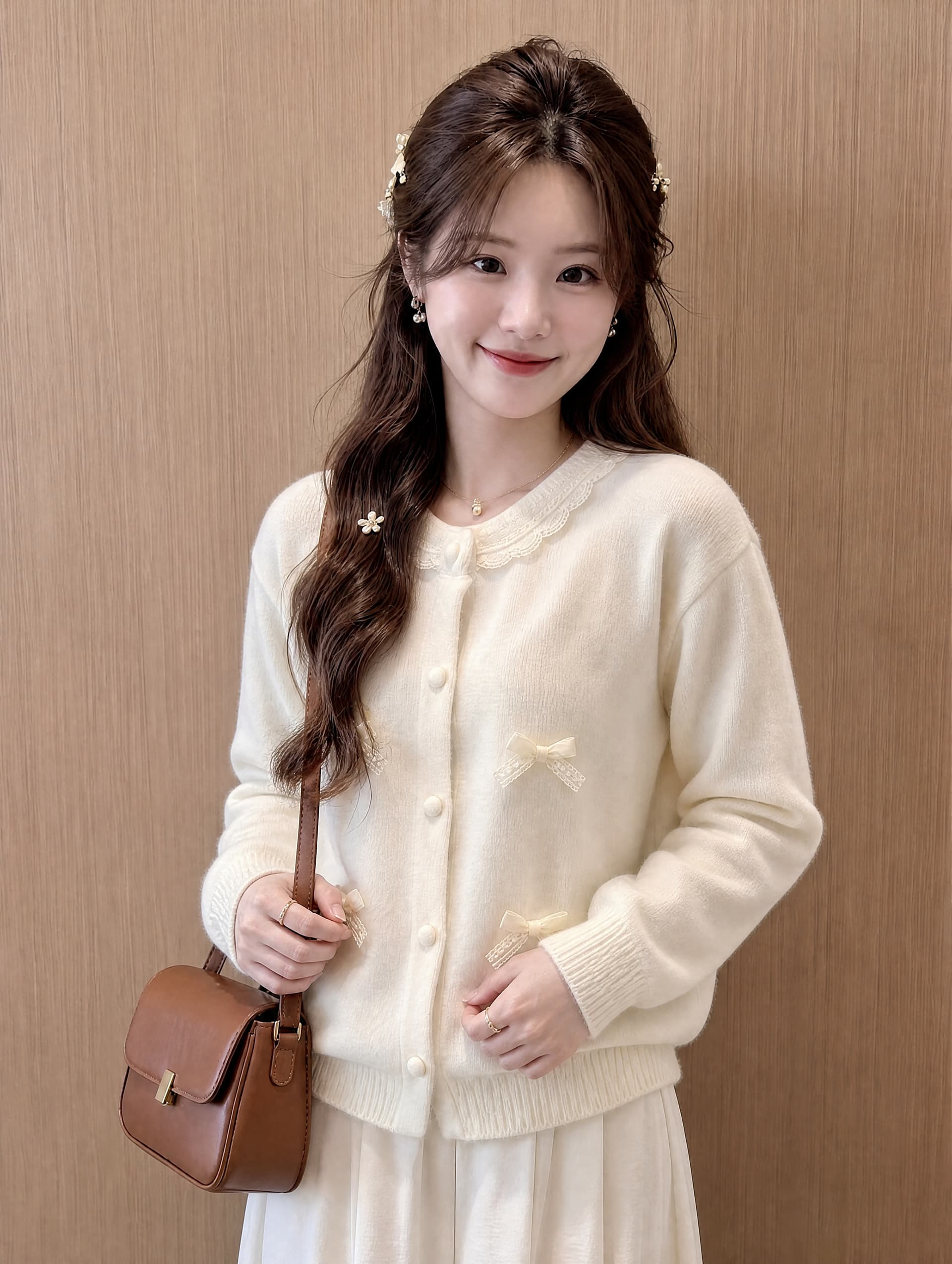 한 부서 달콤한 스타일 나비 매듭 니트 오픈 가디건 여성 부드러운 바람 소녀 레이스 칼라 재킷 디자인 센스 인사이드 잡아라. 의류 이미지 4