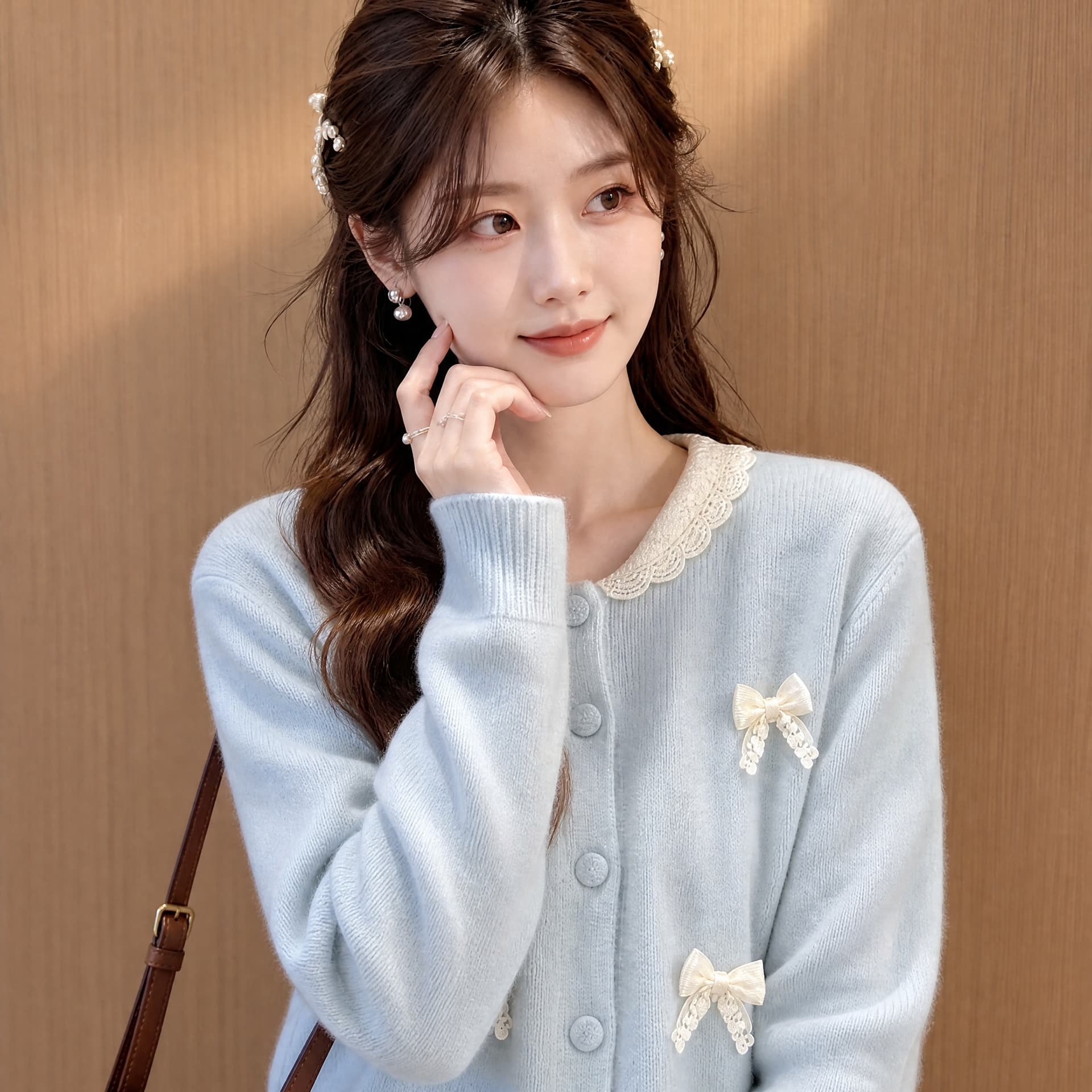 한 부서 달콤한 스타일 나비 매듭 니트 오픈 가디건 여성 부드러운 바람 소녀 레이스 칼라 재킷 디자인 센스 인사이드 잡아라. 의류 이미지 5