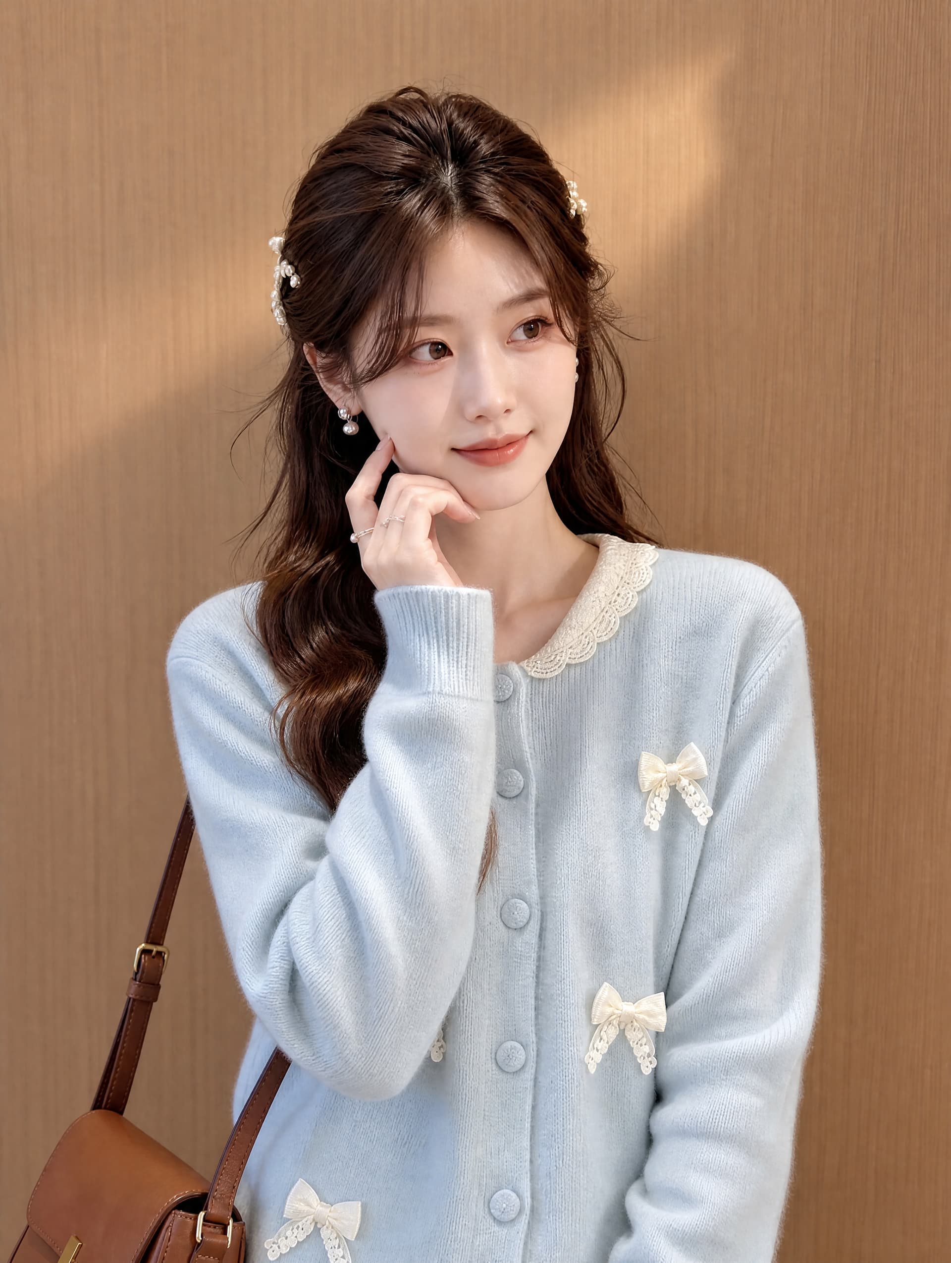 한 부서 달콤한 스타일 나비 매듭 니트 오픈 가디건 여성 부드러운 바람 소녀 레이스 칼라 재킷 디자인 센스 인사이드 잡아라. 의류 상세 이미지 1