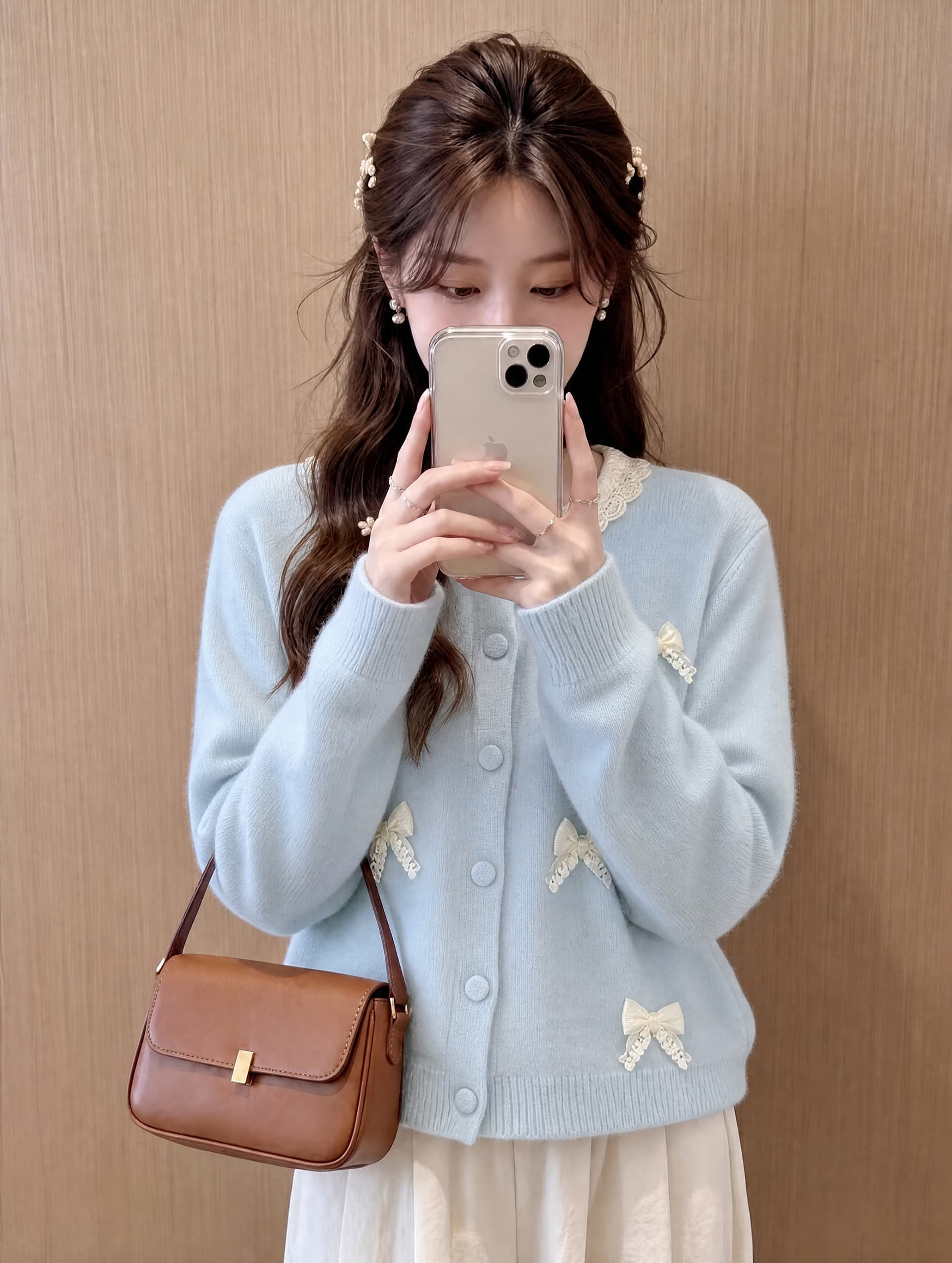 한 부서 달콤한 스타일 나비 매듭 니트 오픈 가디건 여성 부드러운 바람 소녀 레이스 칼라 재킷 디자인 센스 인사이드 잡아라. 의류 상세 이미지 2