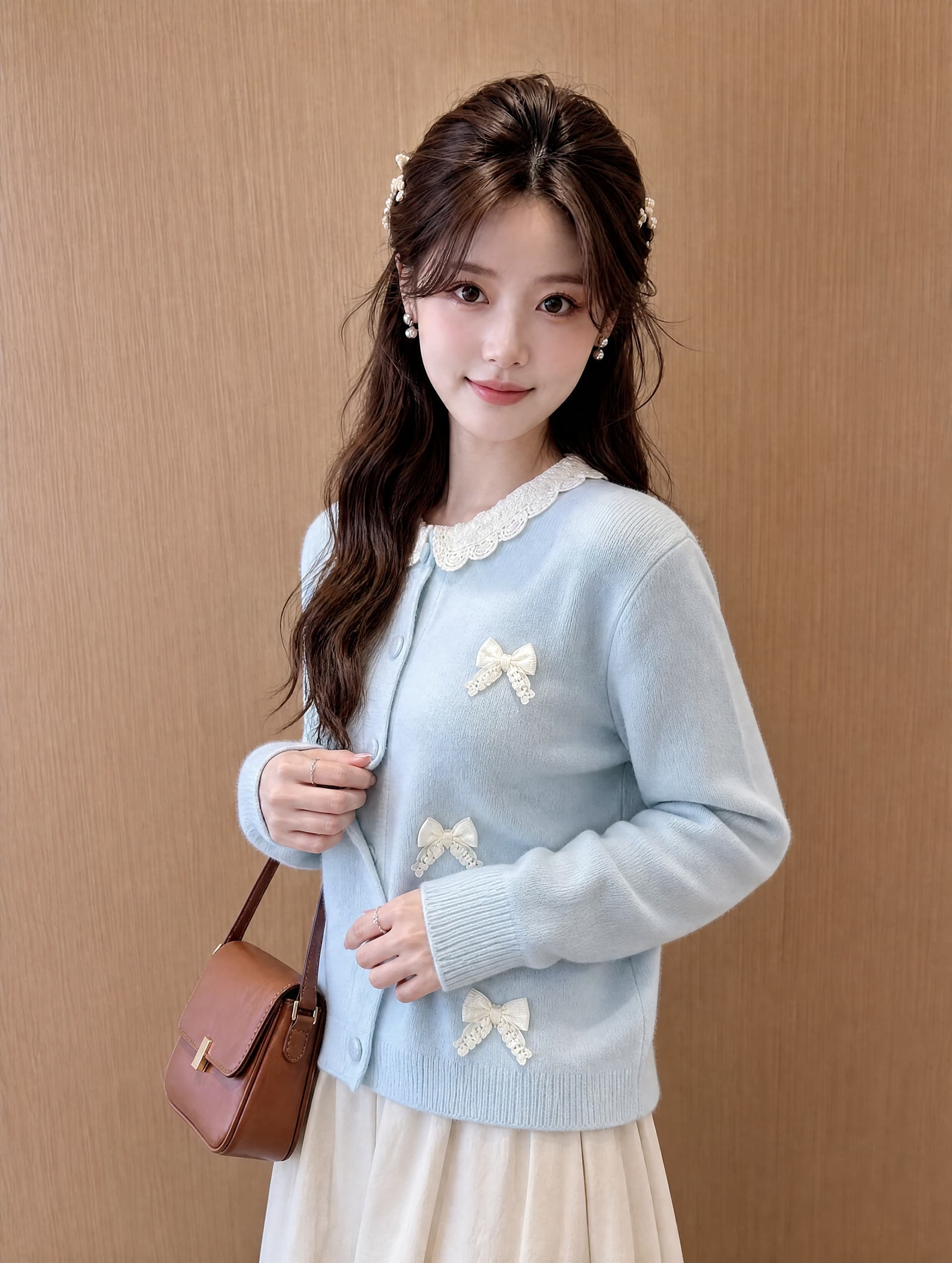 한 부서 달콤한 스타일 나비 매듭 니트 오픈 가디건 여성 부드러운 바람 소녀 레이스 칼라 재킷 디자인 센스 인사이드 잡아라. 의류 상세 이미지 4