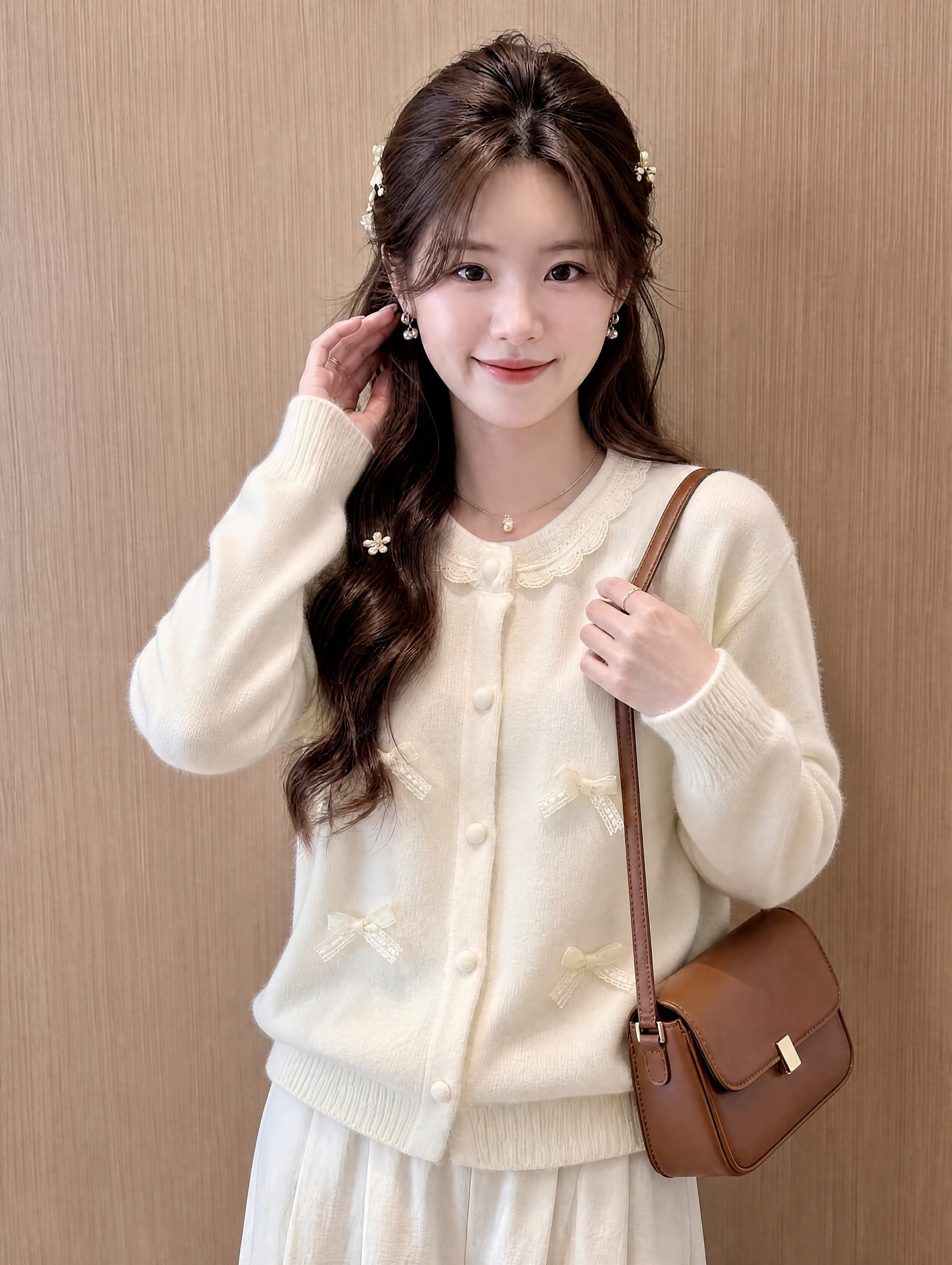 한 부서 달콤한 스타일 나비 매듭 니트 오픈 가디건 여성 부드러운 바람 소녀 레이스 칼라 재킷 디자인 센스 인사이드 잡아라. 의류 상세 이미지 5
