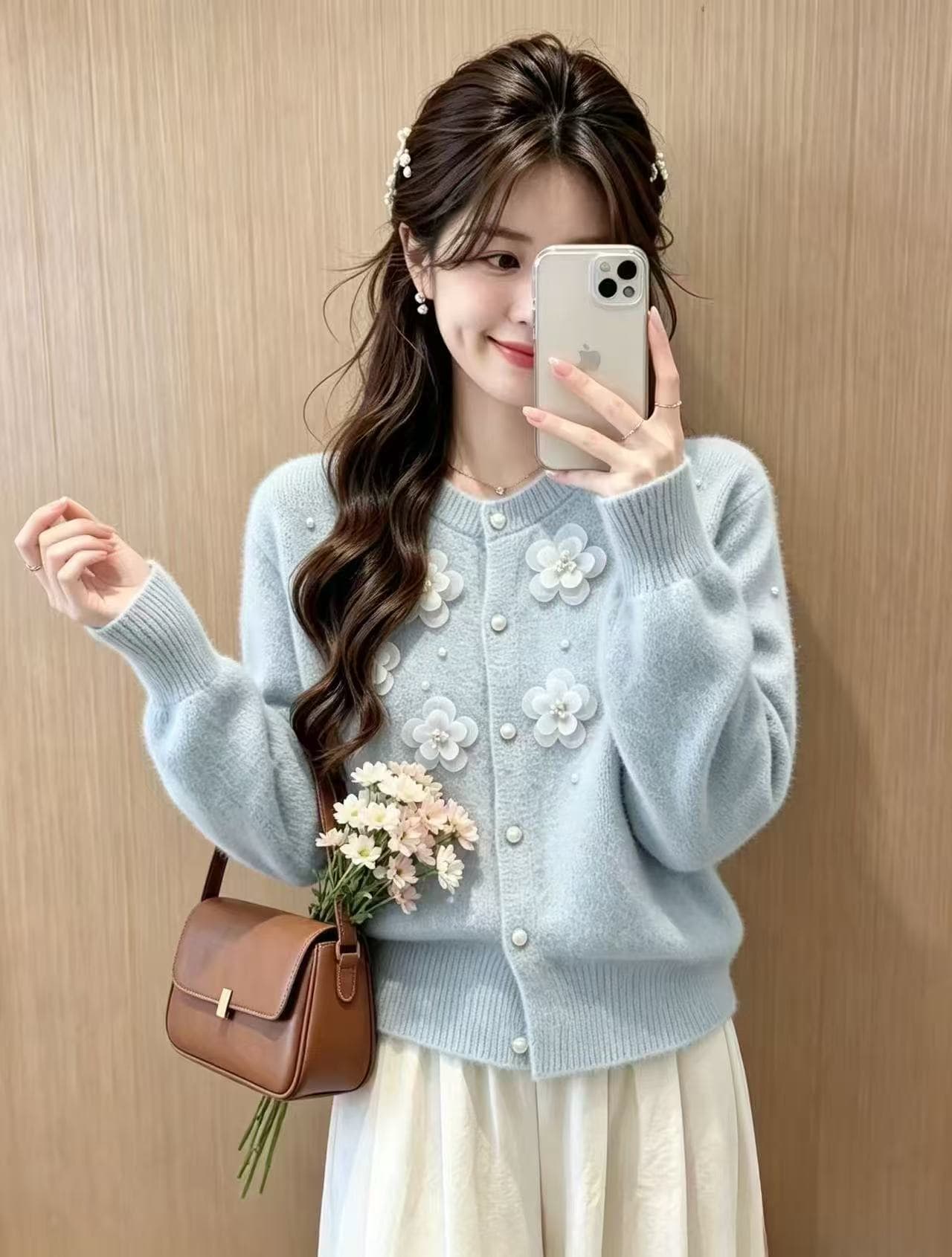프랑스식 우아함 아름다운 무거운 작업 비즈 박기 3 차원 꽃 스웨터 니트 오픈 가디건 여성 가을 섹션 아름다운 재킷 맨위