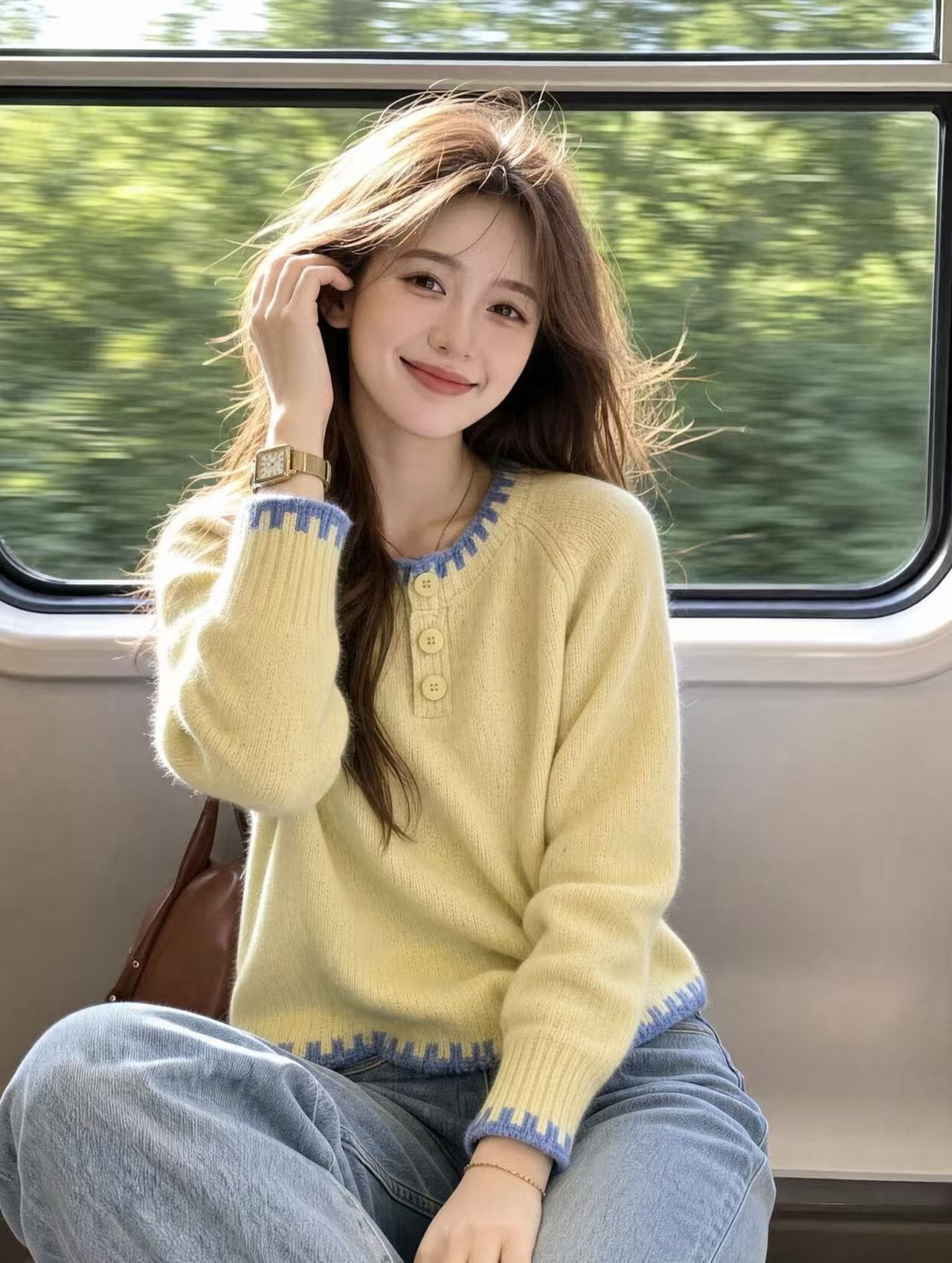 한 부서 부드러운 바람 배색 느긋한 센스 스웨터 여자 2026 가을 새로운 슬림해 보이는 Chic 황색 니트 스웨터 맨위 이미지 2