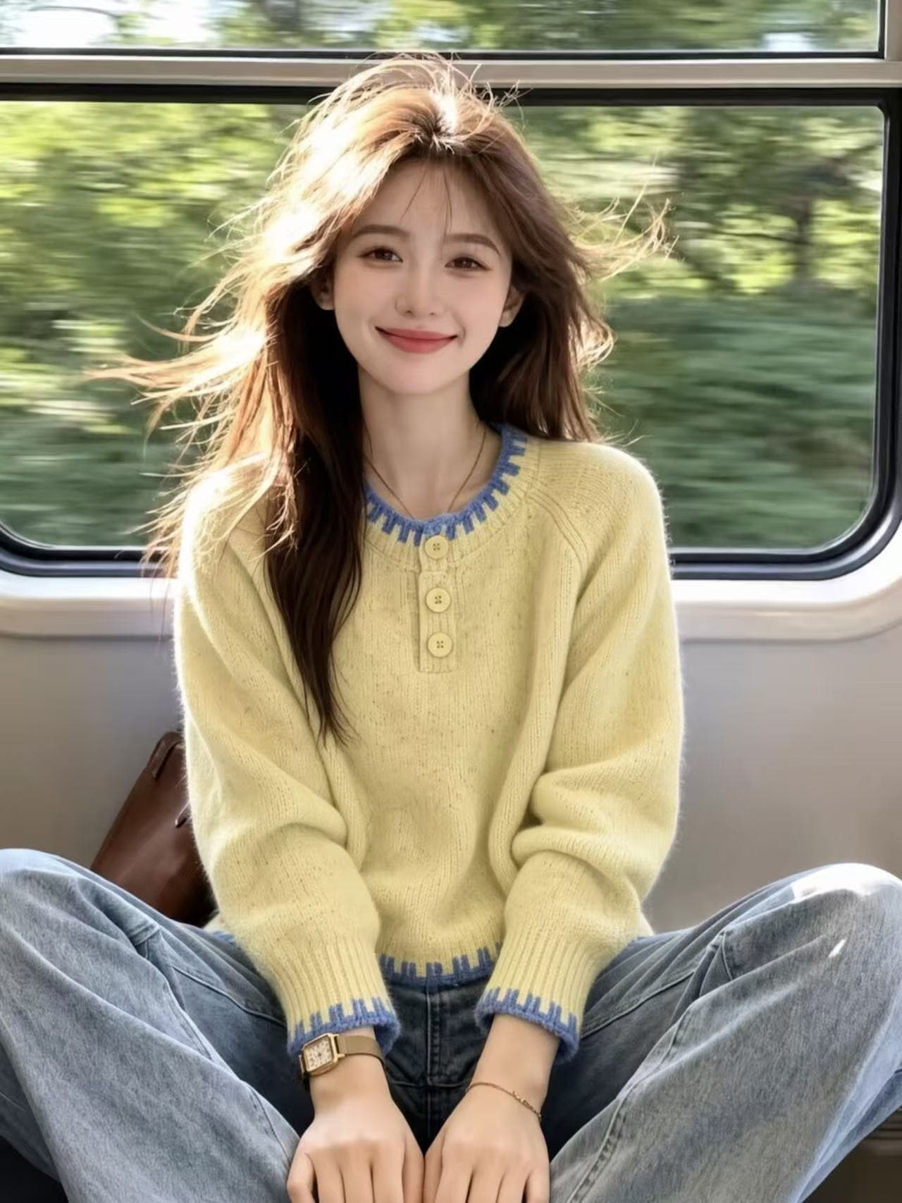한 부서 부드러운 바람 배색 느긋한 센스 스웨터 여자 2026 가을 새로운 슬림해 보이는 Chic 황색 니트 스웨터 맨위 이미지 4