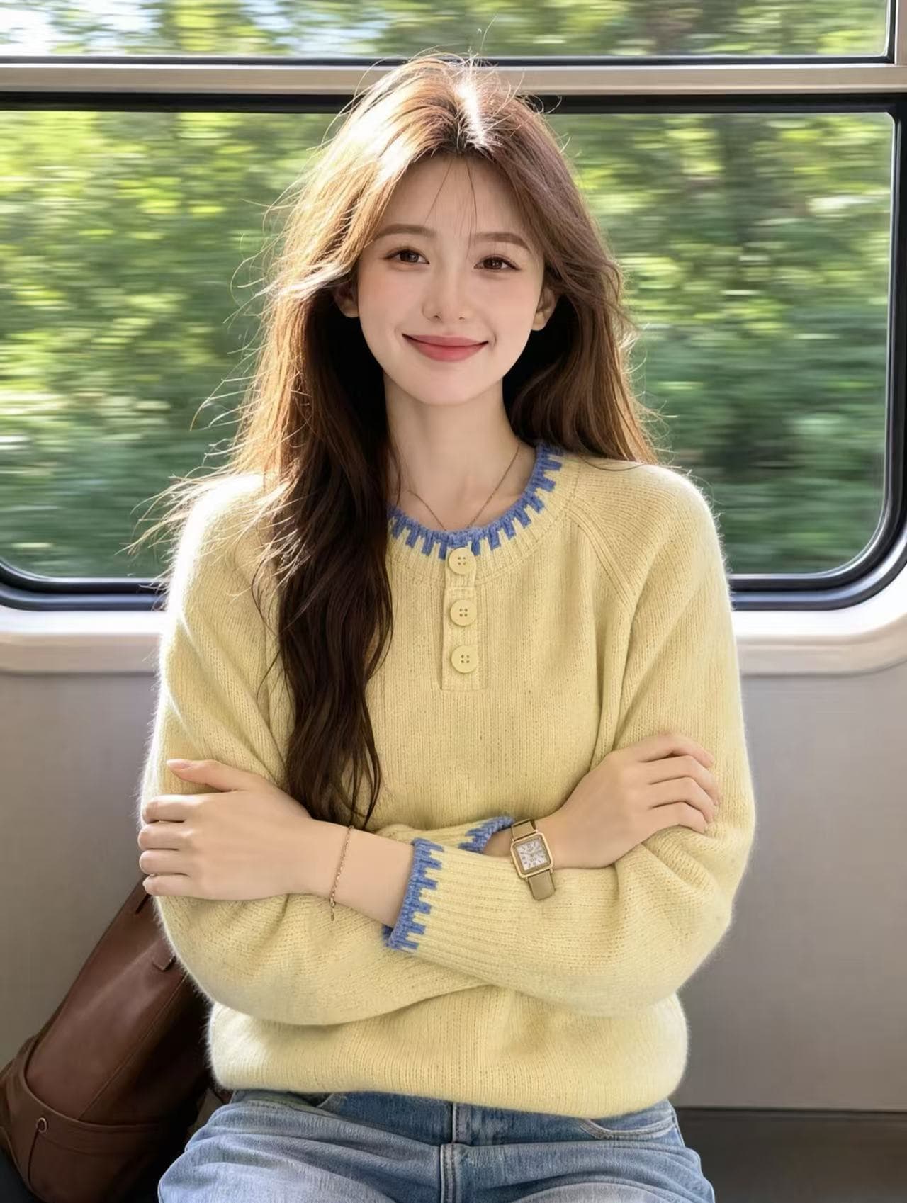 한 부서 부드러운 바람 배색 느긋한 센스 스웨터 여자 2026 가을 새로운 슬림해 보이는 Chic 황색 니트 스웨터 맨위 상세 이미지 3
