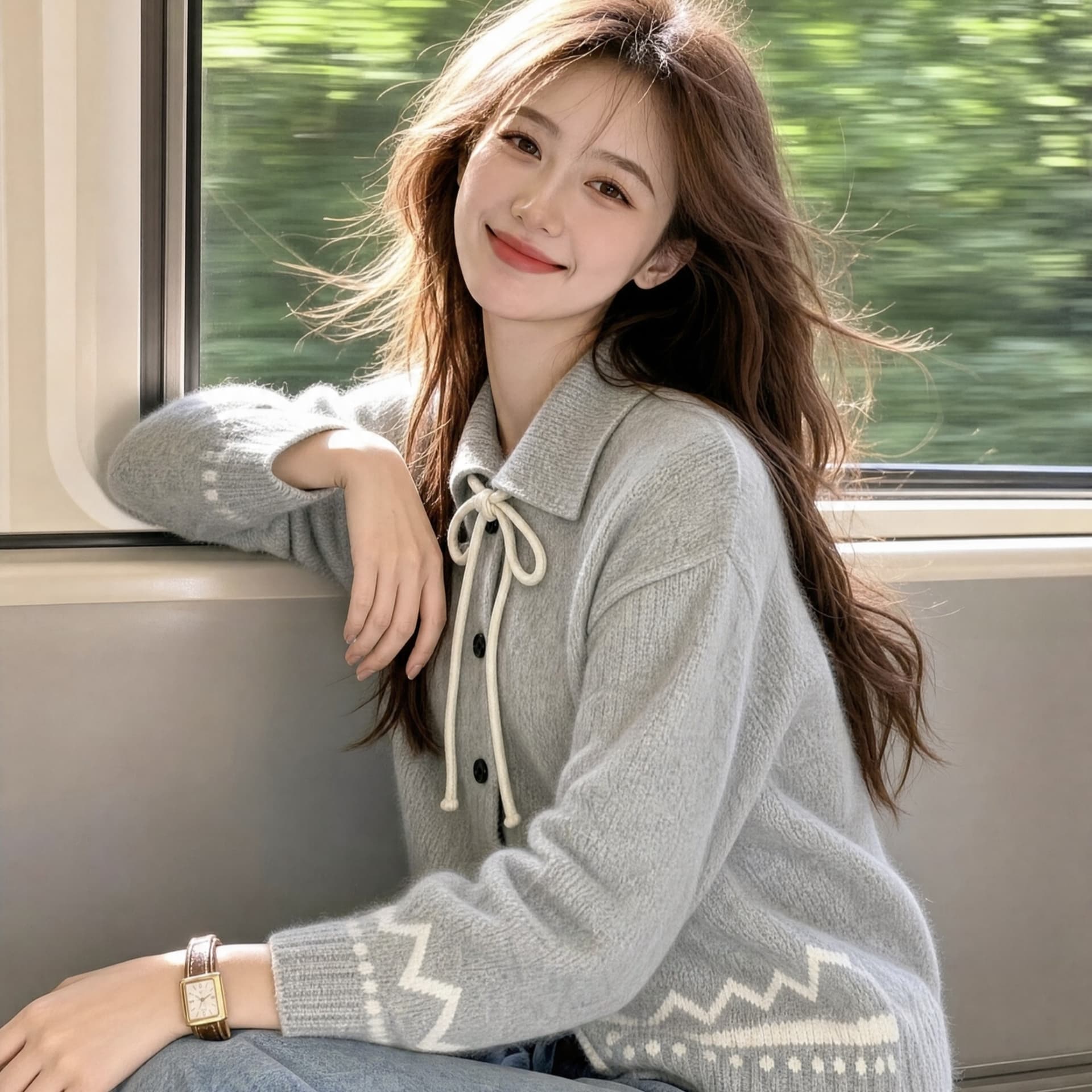 폴로 칼라 레이스업 스웨터 여성 코트 가을 겨울 새로운 그리드 레이 부서 회색 니트 오픈 가디건 레트로 자카드 맨위 이미지 5
