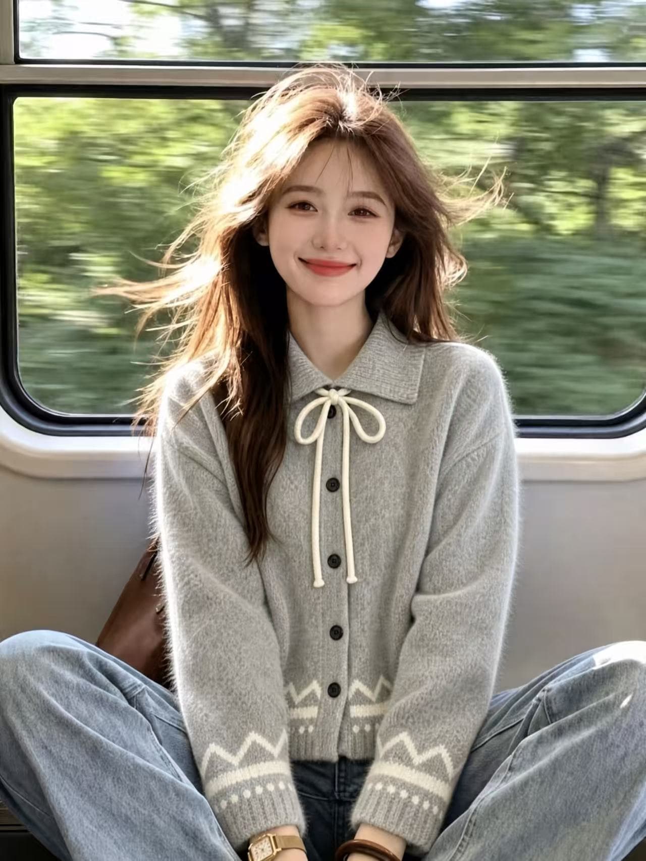 폴로 칼라 레이스업 스웨터 여성 코트 가을 겨울 새로운 그리드 레이 부서 회색 니트 오픈 가디건 레트로 자카드 맨위 상세 이미지 1