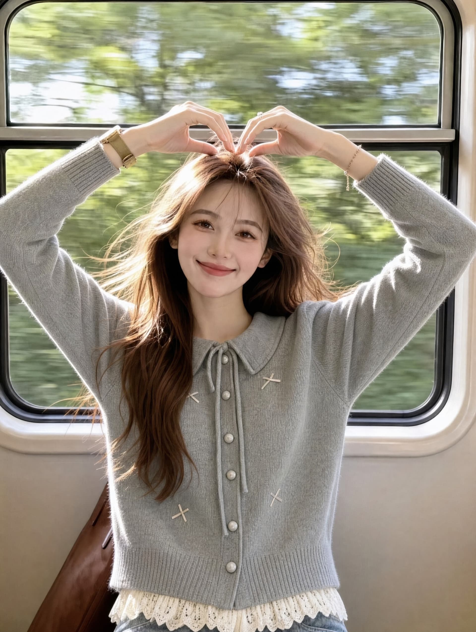 겨울 의류 새로운 한 부서 쇼트 스타일 나비 매듭 레이스 레이스 긴팔 폴로 칼라 스웨터 카디건 코트 이미지 4