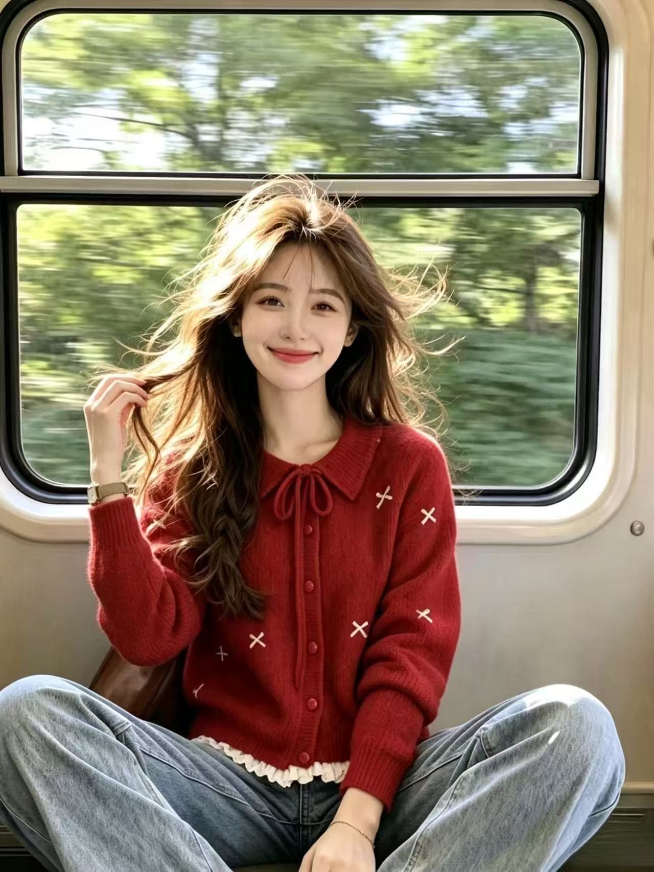 겨울 의류 새로운 한 부서 쇼트 스타일 나비 매듭 레이스 레이스 긴팔 폴로 칼라 스웨터 카디건 코트 상세 이미지 1