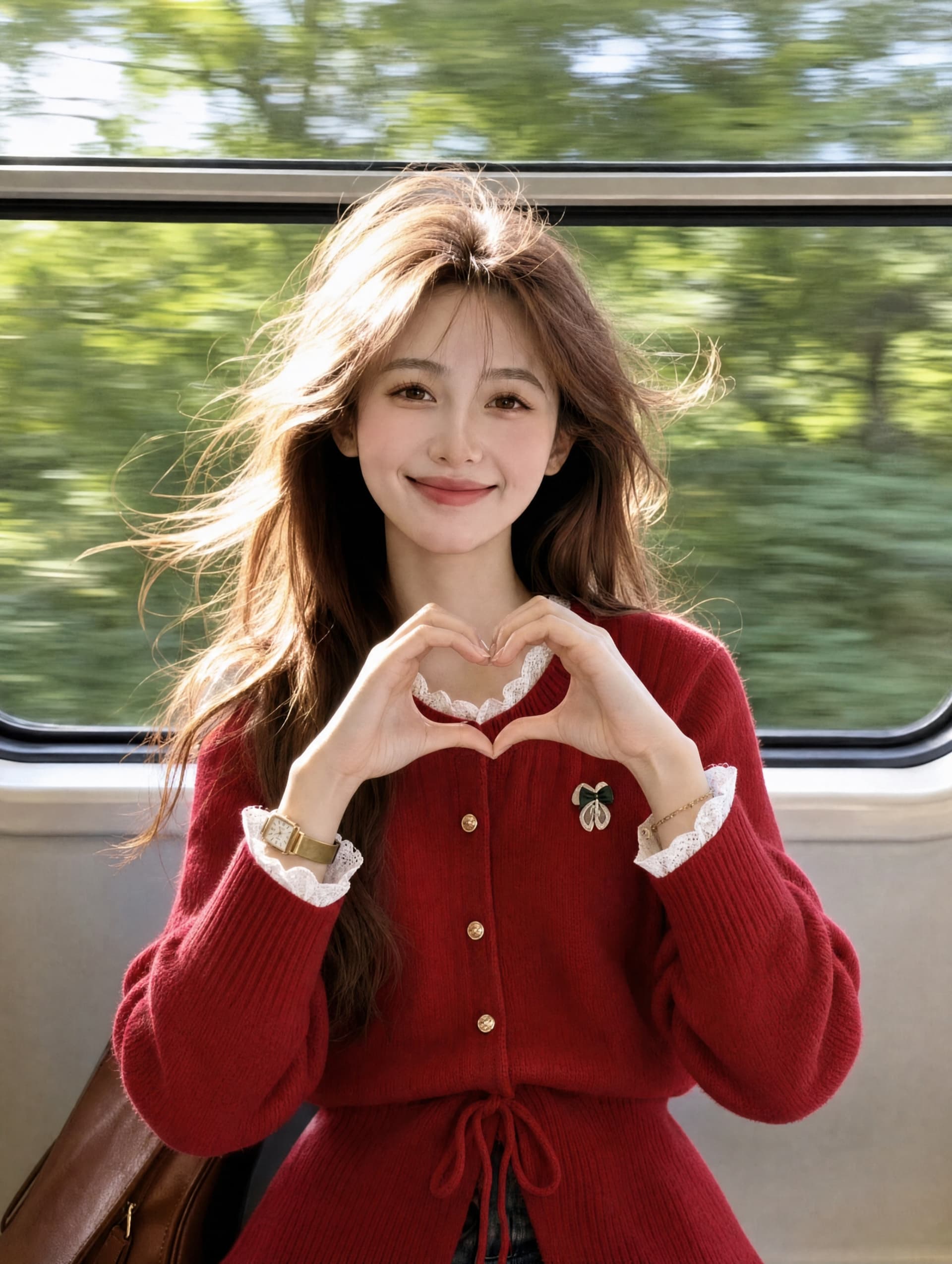 빨간색 프릴 라운드 넥 니트 오픈 가디건 여성 2026 가을 겨울 새로운 레이스 조각 스트랩 허리 수축 스웨터 맨위 상세 이미지 2