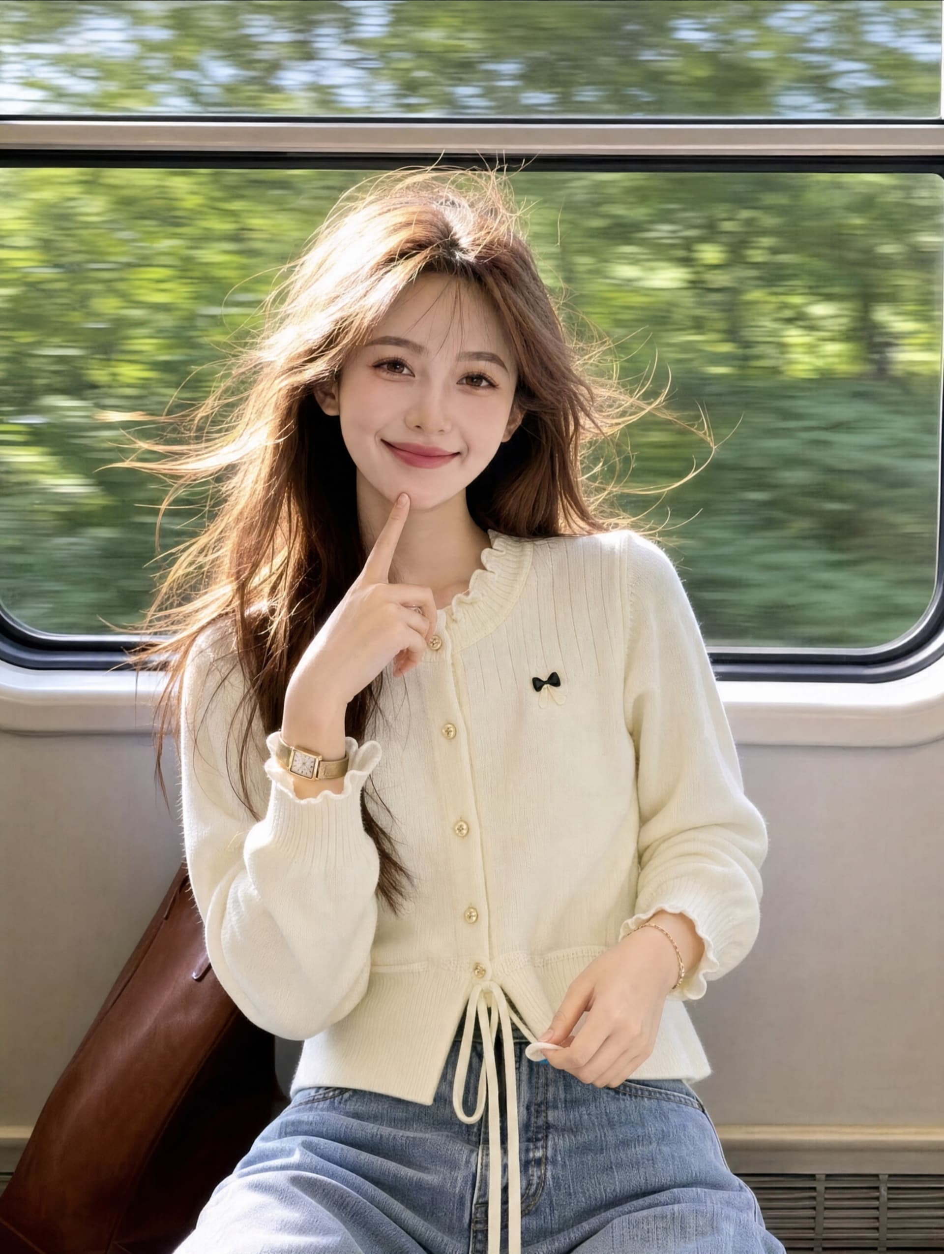 빨간색 프릴 라운드 넥 니트 오픈 가디건 여성 2026 가을 겨울 새로운 레이스 조각 스트랩 허리 수축 스웨터 맨위 상세 이미지 6