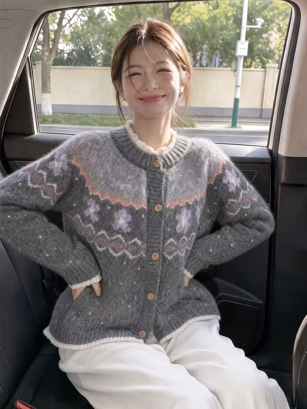 북유럽 공정한 섬 분위기 센스 라운드 넥 느긋한 스웨터 코트 여성 뜨개질 오픈 가디건 상세 이미지 1