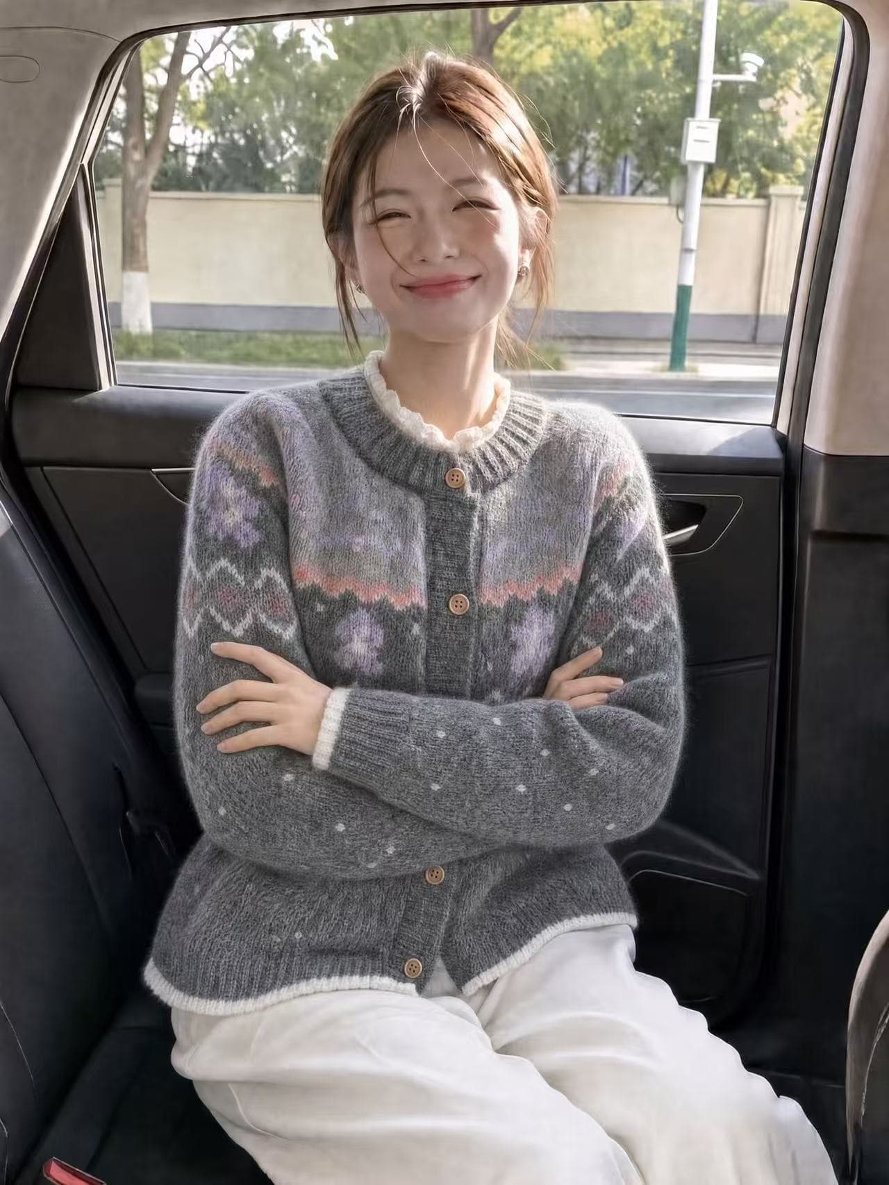 북유럽 공정한 섬 분위기 센스 라운드 넥 느긋한 스웨터 코트 여성 뜨개질 오픈 가디건 상세 이미지 2