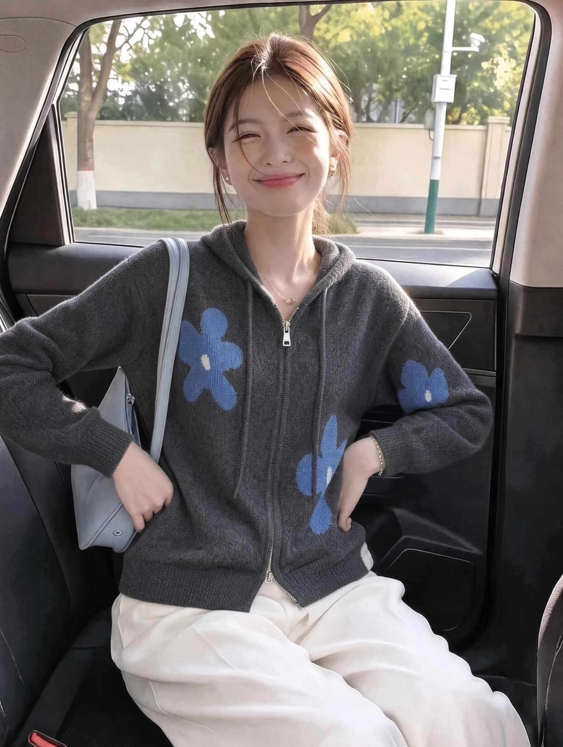한 부서 회색 지퍼 후드 니트 스웨터 오픈 가디건 스웨터 여자 봄 가을 고급 센스 느긋한 루즈핏 재킷 맨위