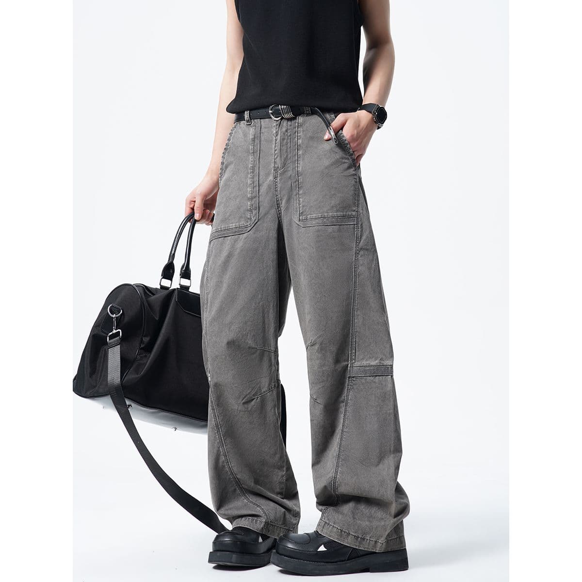 재 고 있 음 높은 품질 얇은 스타일 여름 넓은 다리 워크웨어 팬츠 새로운 루즈핏 다용도 모통이 칼 디자인 센스 캐주얼 바지 상세 이미지 5