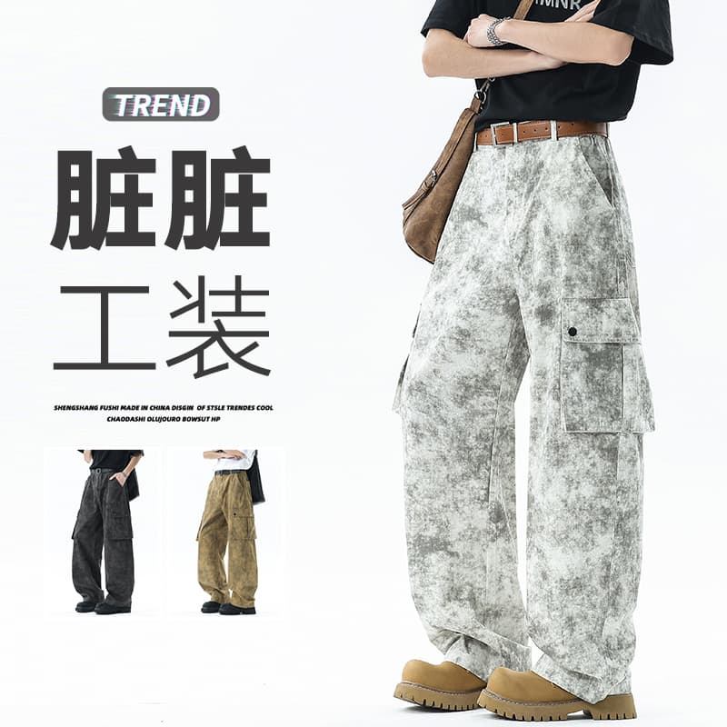 아메리칸 레트로 홀치기 염색 더러운 더러운 바지 남자 사계절 새로운 루즈핏 스트레이트 워크웨어 팬츠 남녀 100 순면 디자인 센스 이미지 2