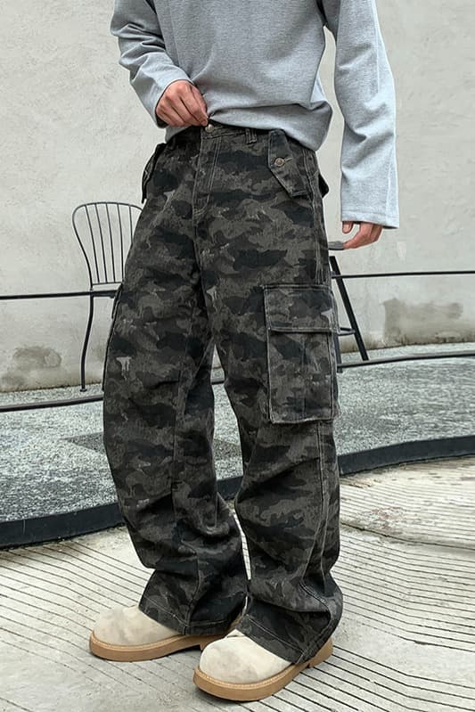 가을 아메리칸 높음 거리 레트로 디자인 센스 카모플라주 워크웨어 팬츠 기타 주머니 루즈핏 스트레이트 넓은 다리 캐주얼 롱 바지 이미지 6