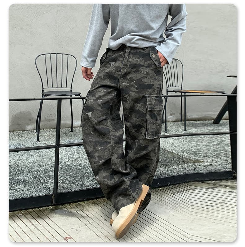 가을 아메리칸 높음 거리 레트로 디자인 센스 카모플라주 워크웨어 팬츠 기타 주머니 루즈핏 스트레이트 넓은 다리 캐주얼 롱 바지 상세 이미지 9