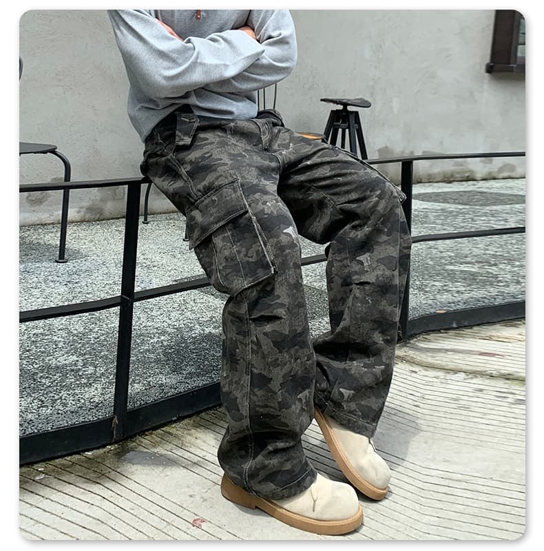 가을 아메리칸 높음 거리 레트로 디자인 센스 카모플라주 워크웨어 팬츠 기타 주머니 루즈핏 스트레이트 넓은 다리 캐주얼 롱 바지 상세 이미지 12