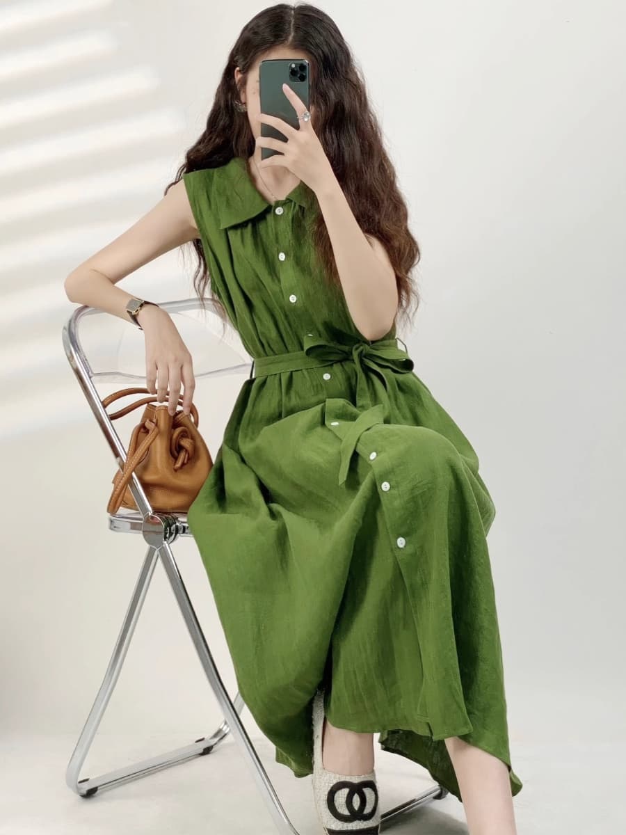 원본 것 프랑스식 녹색 폴로 칼라 민소매 여성 드레스 여름 레트로 품격 싱글 줄 버튼 롱 스커트 이미지 2