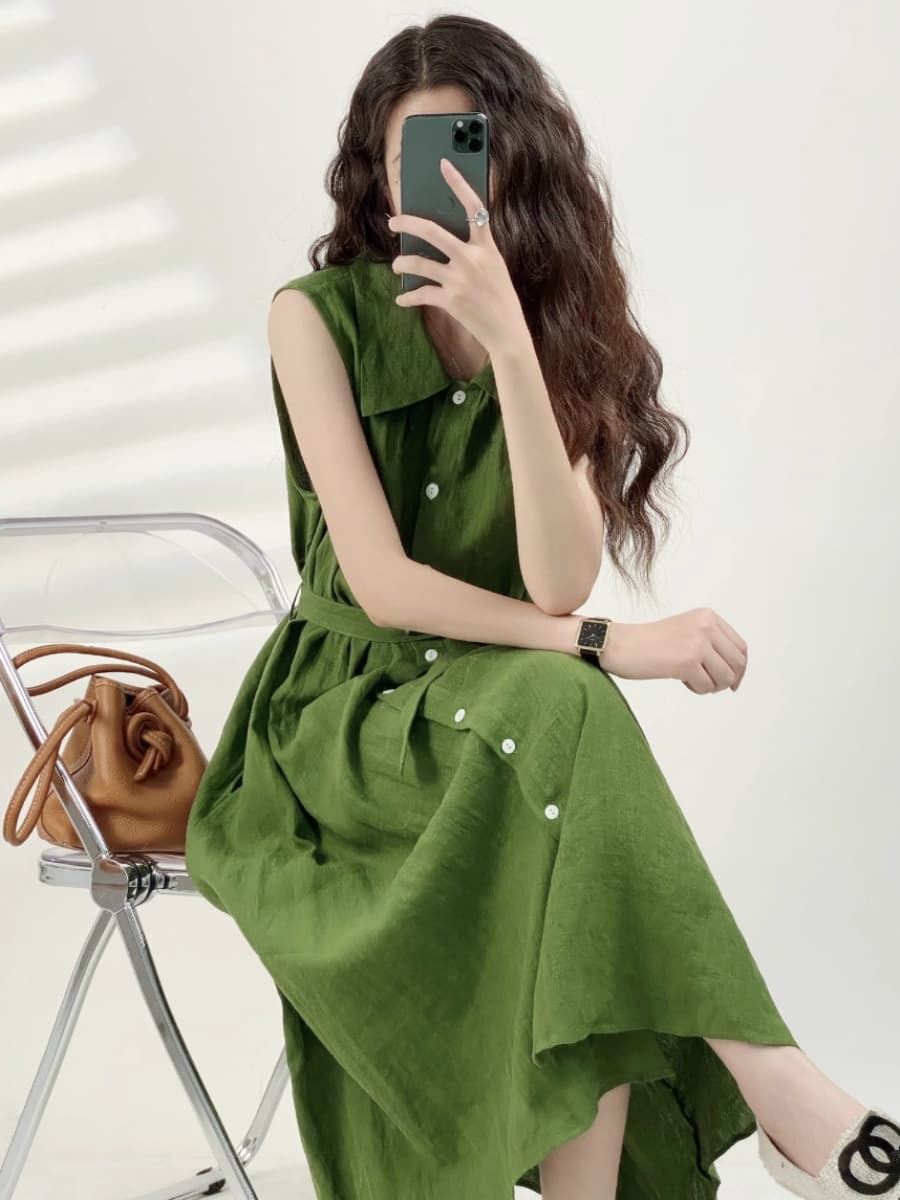 원본 것 프랑스식 녹색 폴로 칼라 민소매 여성 드레스 여름 레트로 품격 싱글 줄 버튼 롱 스커트 상세 이미지 6