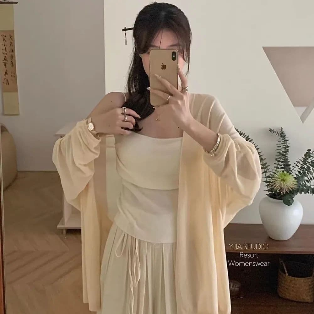 2026 봄 여름 새로운 중간 길이 니트 자외선 차단 오픈 가디건 여성 얇은 스타일 숄 외부 가져 가라. 블라우스 얼음 실크 맨위 재킷 이미지 3