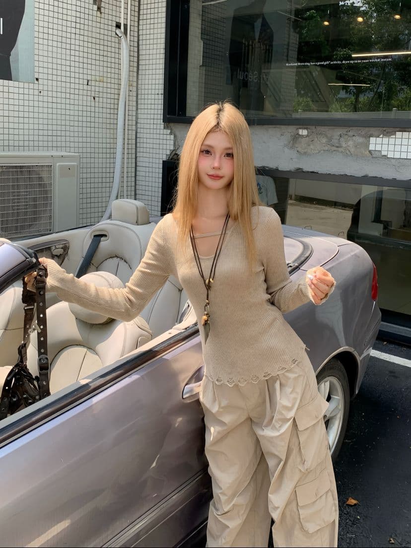이른 가을 고유 한 Chic 작은 대중 디자인 고급 센스 슈퍼 잘 생긴 홀로우 아웃 술 몸매 가꾸기 핫걸 니트 긴 소매 맨위 상세 이미지 1