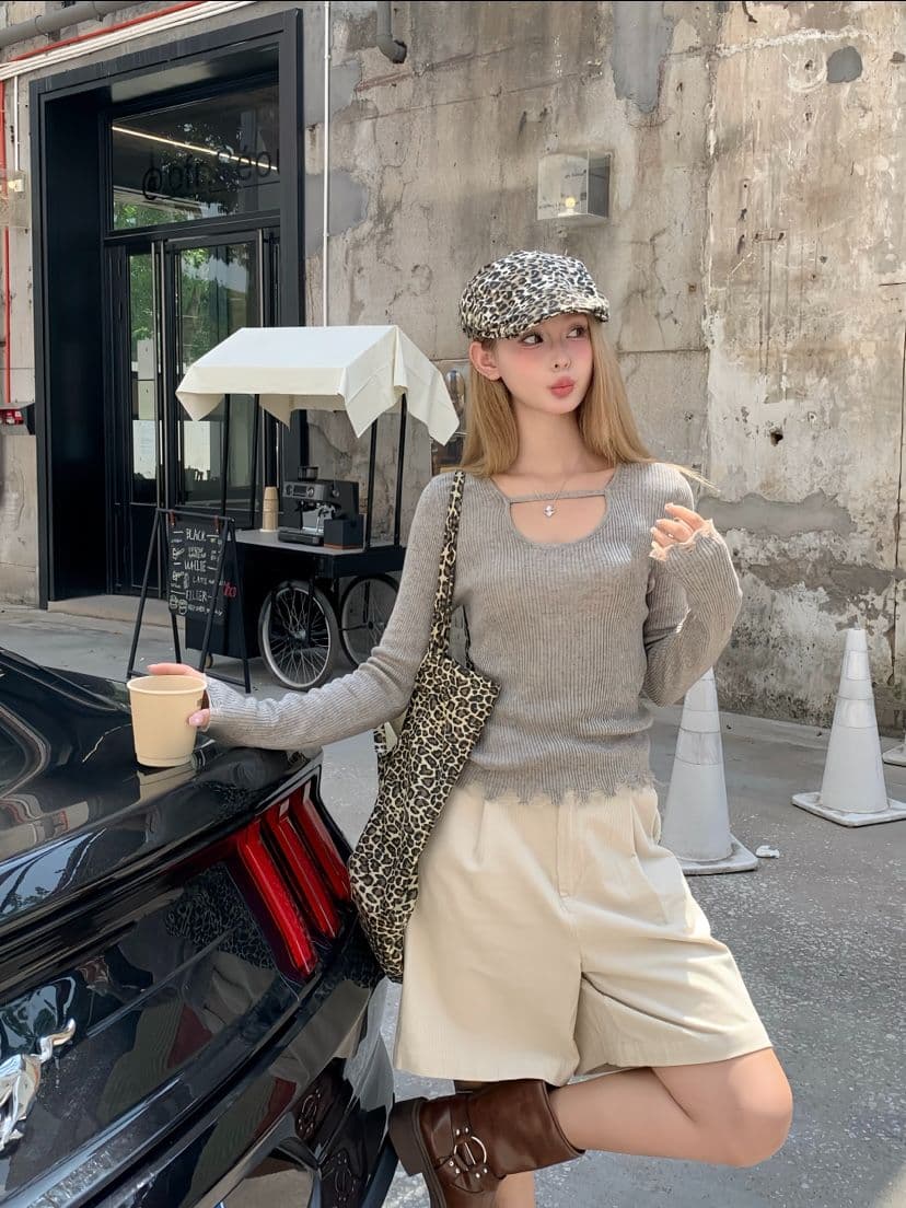 이른 가을 고유 한 Chic 작은 대중 디자인 고급 센스 슈퍼 잘 생긴 홀로우 아웃 술 몸매 가꾸기 핫걸 니트 긴 소매 맨위 상세 이미지 16