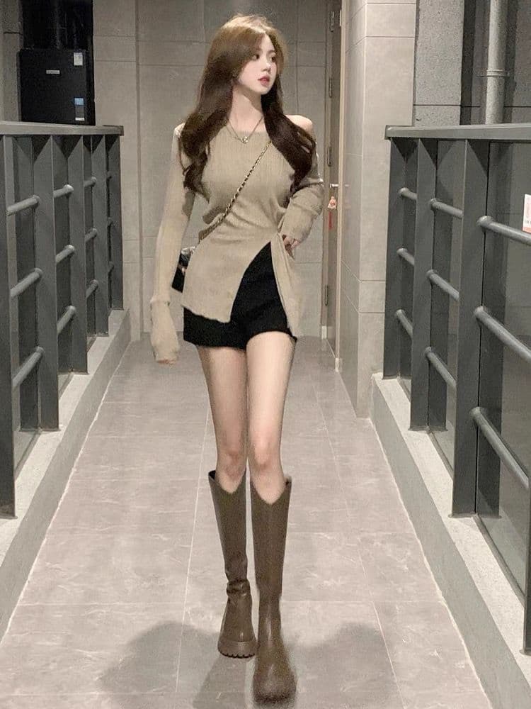 트임 오프숄더 대 네클라인 쇄골 만나는 니트 스웨터 여성 봄 가을 겨울 스웨터 고급 센스 달콤한 매운맛 낮은 네크라인 맨위 상세 이미지 5