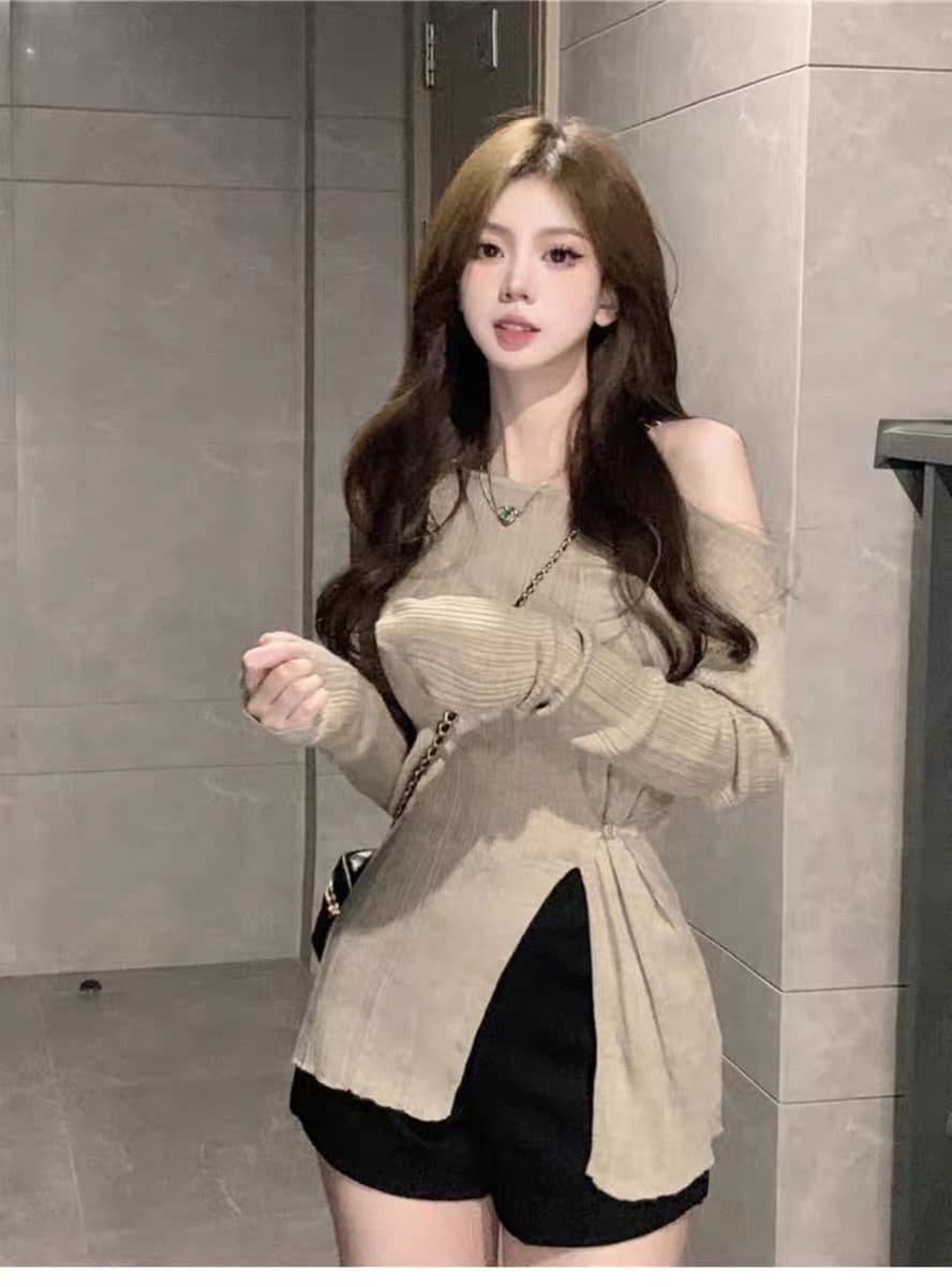 트임 오프숄더 대 네클라인 쇄골 만나는 니트 스웨터 여성 봄 가을 겨울 스웨터 고급 센스 달콤한 매운맛 낮은 네크라인 맨위 상세 이미지 6