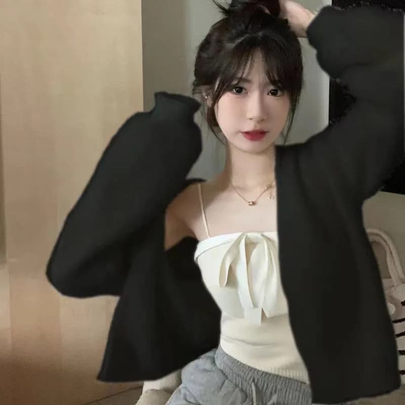 흔들어서 톤 주간 고양이 품질 순수한 욕망 바람 부드러운 찹쌀 니트 오픈 가디건 가을 한국 스타일 쇼트 스타일 외출용 플리스 긴팔 스웨터 코트 이미지 5