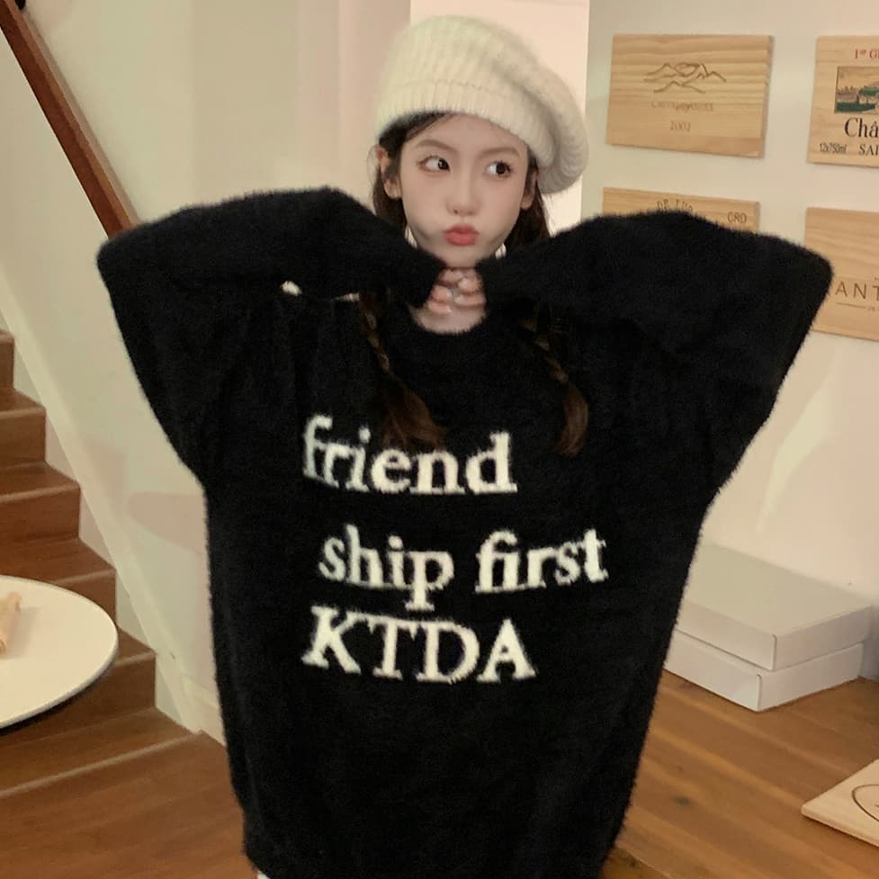 ktda 알파벳 logo 자카드 니트 스웨터 라운드 넥 모헤어 풀오버 커플 긴팔 기초 캐주얼 국가 트렌디 이미지 4