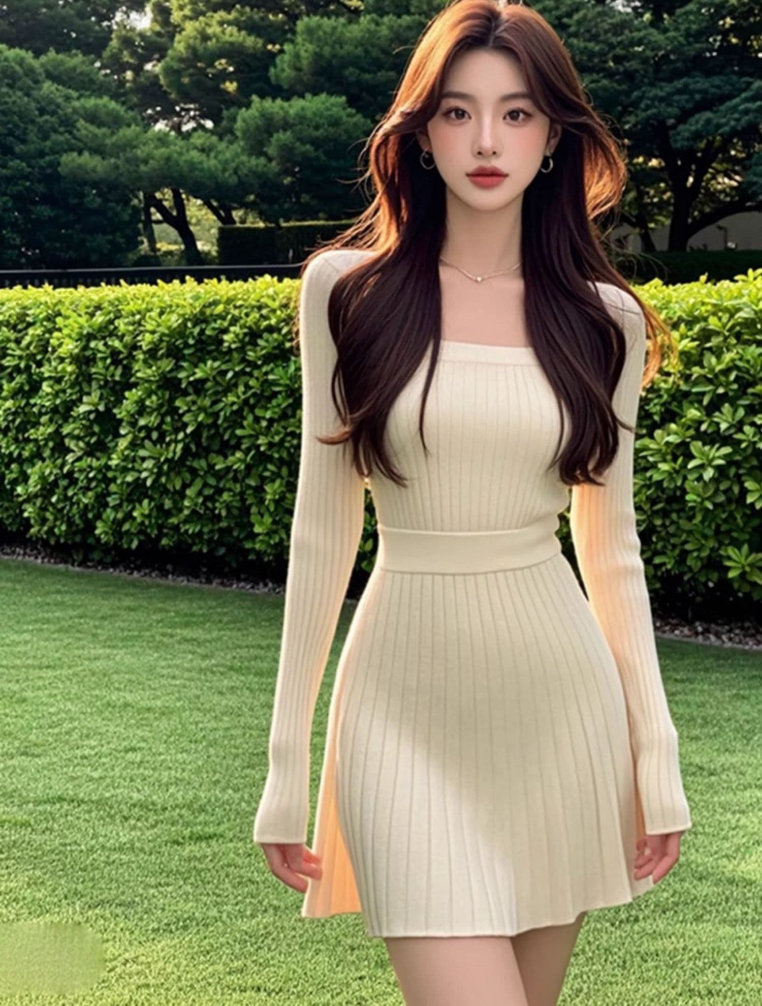 드레스 가을 의상 여자 2026 년 새로운 허리 수축 슬림해 보이는 품격 부드러운 빛 요리 한 쌀 살구 색상 긴팔 짧은 치마 이미지 2