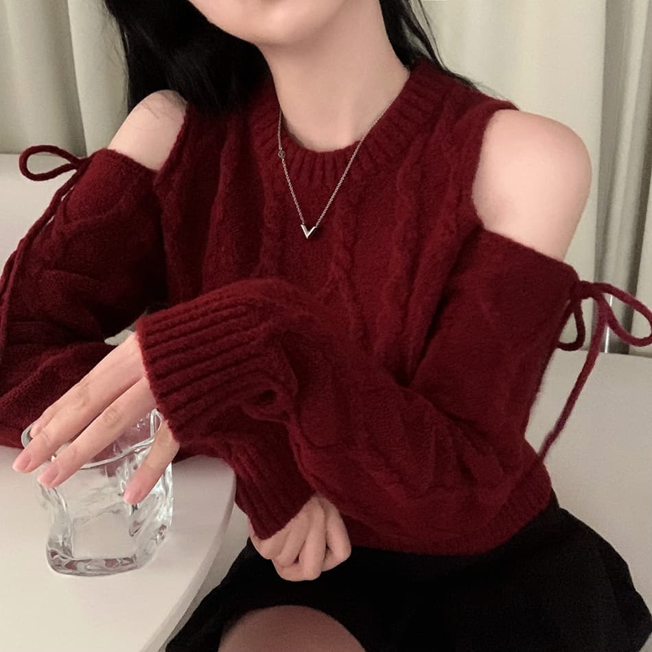 겨울 레트로 외국 가스 라운드 넥 홀로우 아웃 오프숄더 스트랩 디자인 루즈핏 다용도 긴팔 니트 스웨터 상세 이미지 12