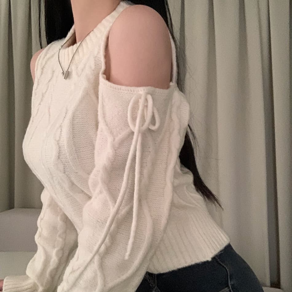 겨울 레트로 외국 가스 라운드 넥 홀로우 아웃 오프숄더 스트랩 디자인 루즈핏 다용도 긴팔 니트 스웨터 상세 이미지 30