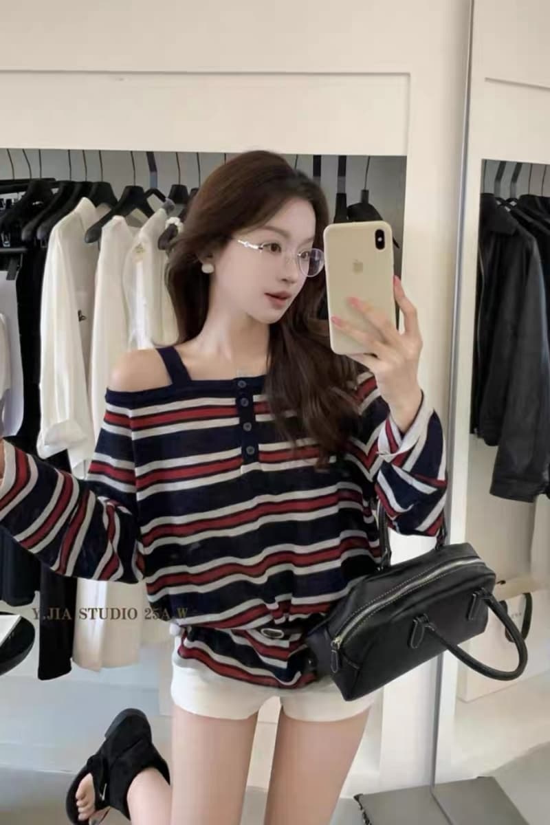한 부서 느슨함 센스 배색 스트라이프 오프숄더 긴팔 티셔츠 여성 이른 가을 루즈핏 페이크 레이어드 핫걸 오프숄더 맨위 이미지 2