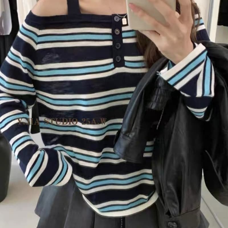 한 부서 느슨함 센스 배색 스트라이프 오프숄더 긴팔 티셔츠 여성 이른 가을 루즈핏 페이크 레이어드 핫걸 오프숄더 맨위 이미지 5