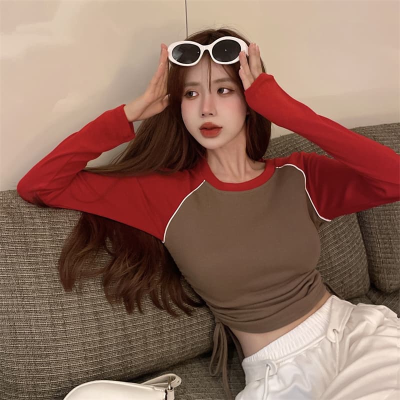 이른 가을 순수한 욕망 Chic 달콤한 핫걸 패치워크 색상 펌프 로프 쇼트 스타일 기본 셔츠 인사이드 가져 가라. 긴팔 맨위 디자인 센스 상세 이미지 2