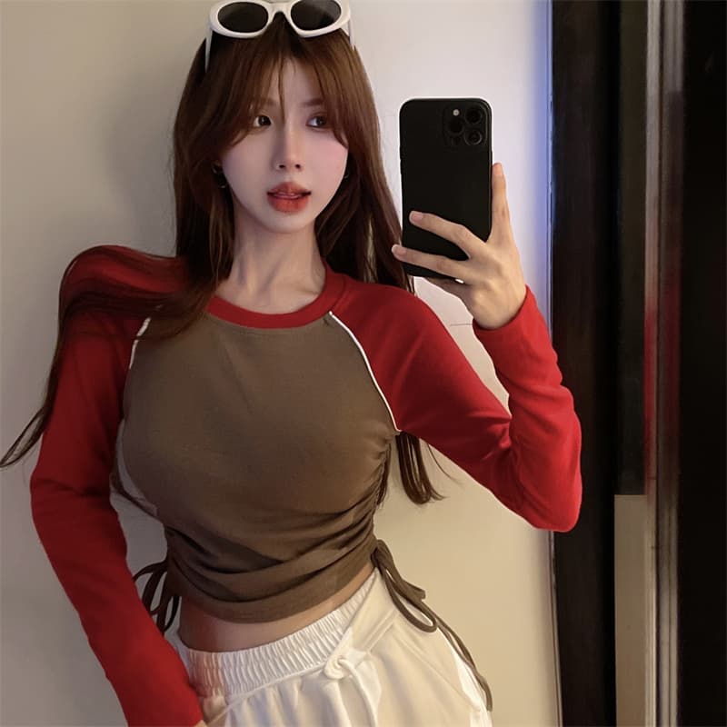 이른 가을 순수한 욕망 Chic 달콤한 핫걸 패치워크 색상 펌프 로프 쇼트 스타일 기본 셔츠 인사이드 가져 가라. 긴팔 맨위 디자인 센스 상세 이미지 3