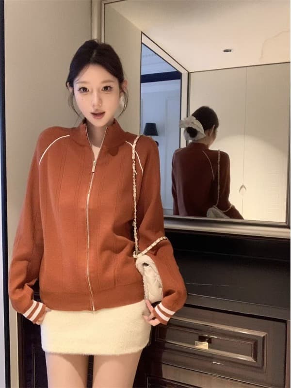 레트로 배색 지퍼 니트 스탠드 칼라 여성 코트 가을 2026 새로운 캐주얼 슬림해 보이는 오픈 가디건 긴팔 맨위 트렌디 이미지 2
