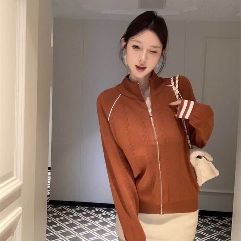 레트로 배색 지퍼 니트 스탠드 칼라 여성 코트 가을 2026 새로운 캐주얼 슬림해 보이는 오픈 가디건 긴팔 맨위 트렌디 이미지 5